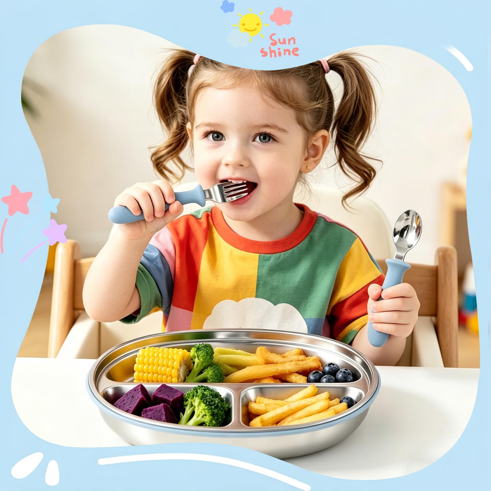 Coffret Repas Bébé – Assiette en Acier Inoxydable avec Ventouse en Silicone + Fourchette et Cuillère – Vaisselle Antidérapante pour Enfant – Sans BPA, Favorise l’Autonomie Alimentaire