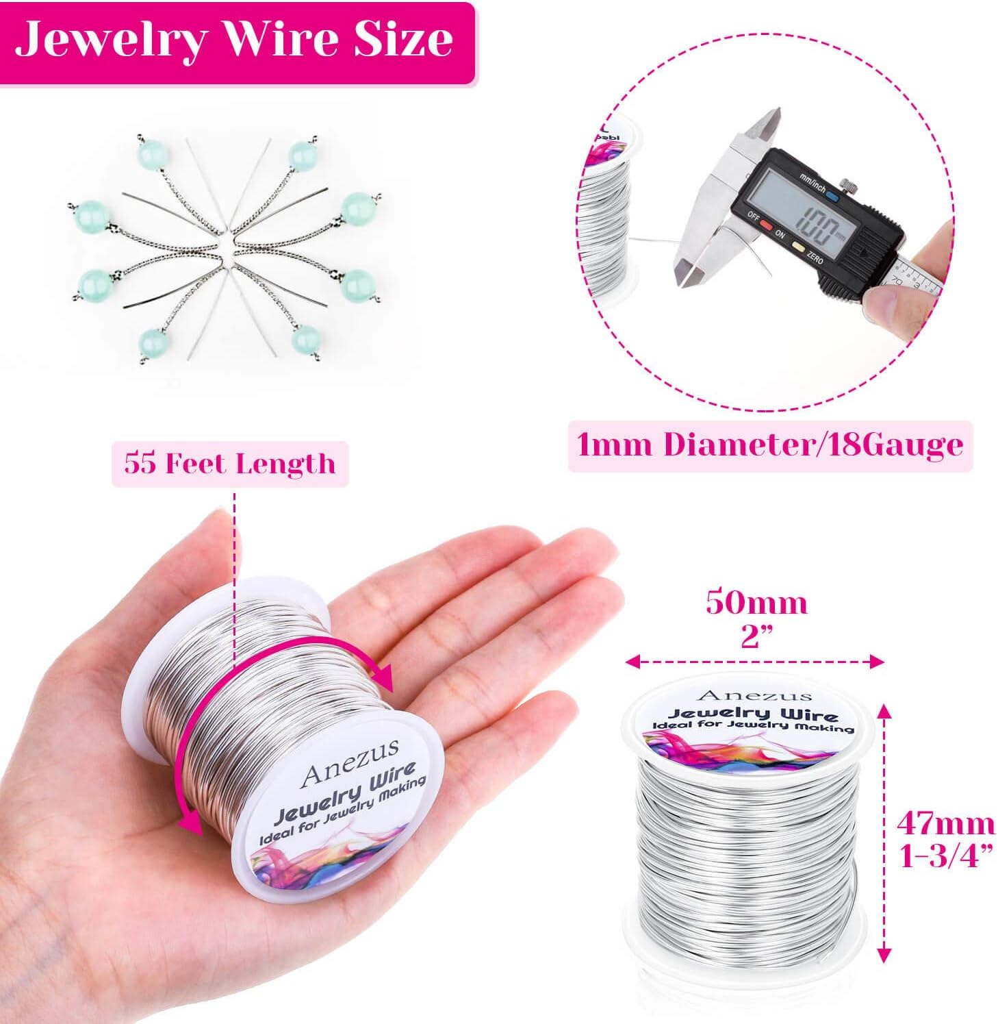 Anezus 18 Gauge Jewelry Wire for Jewelry Making Craft Wire Tarnish Resistant Copper Bead Wire for Jewelry Making and Crafts (18 Gauge, Silver)