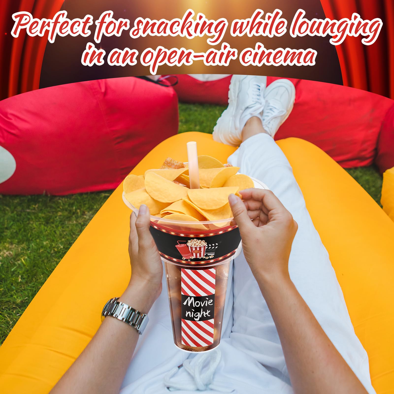 SiliFine 25 juegos de tazas de bebidas y aperitivos con pajitas, vasos desechables de plástico para estadio con soporte para aperitivos, tazas para aperitivos para papas fritas, pollo frito y frutas
