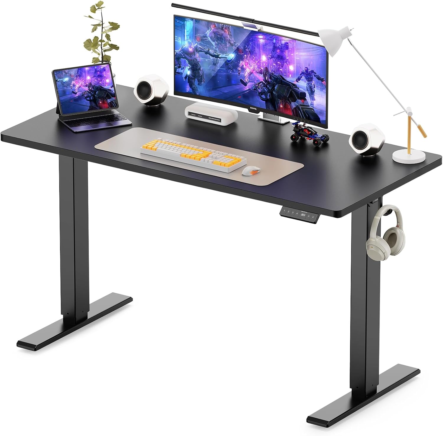48x24 Inches Height Adjustable Electric Standing Desk with 2 Hooks for Home Office, Ergonomic Sit Stand up Desk with Splice Board, Black