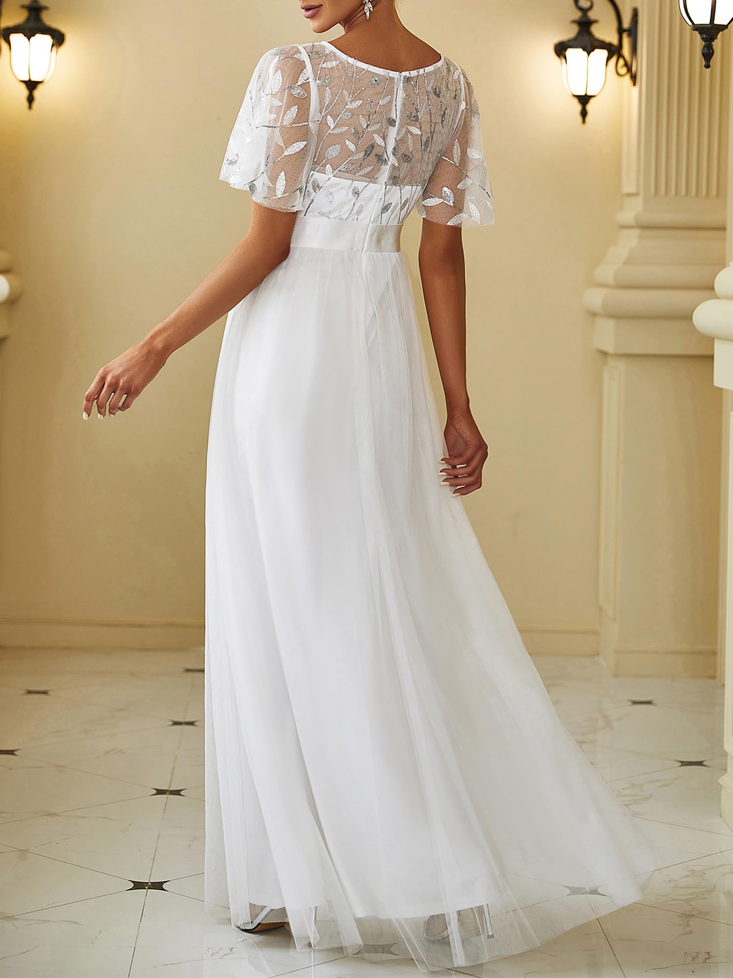 Ever-Pretty Abiti da Cerimonia Stile Impero Maniche Corte Linea ad A Elegante Scollo a Rotondo Donna Tulle 00904