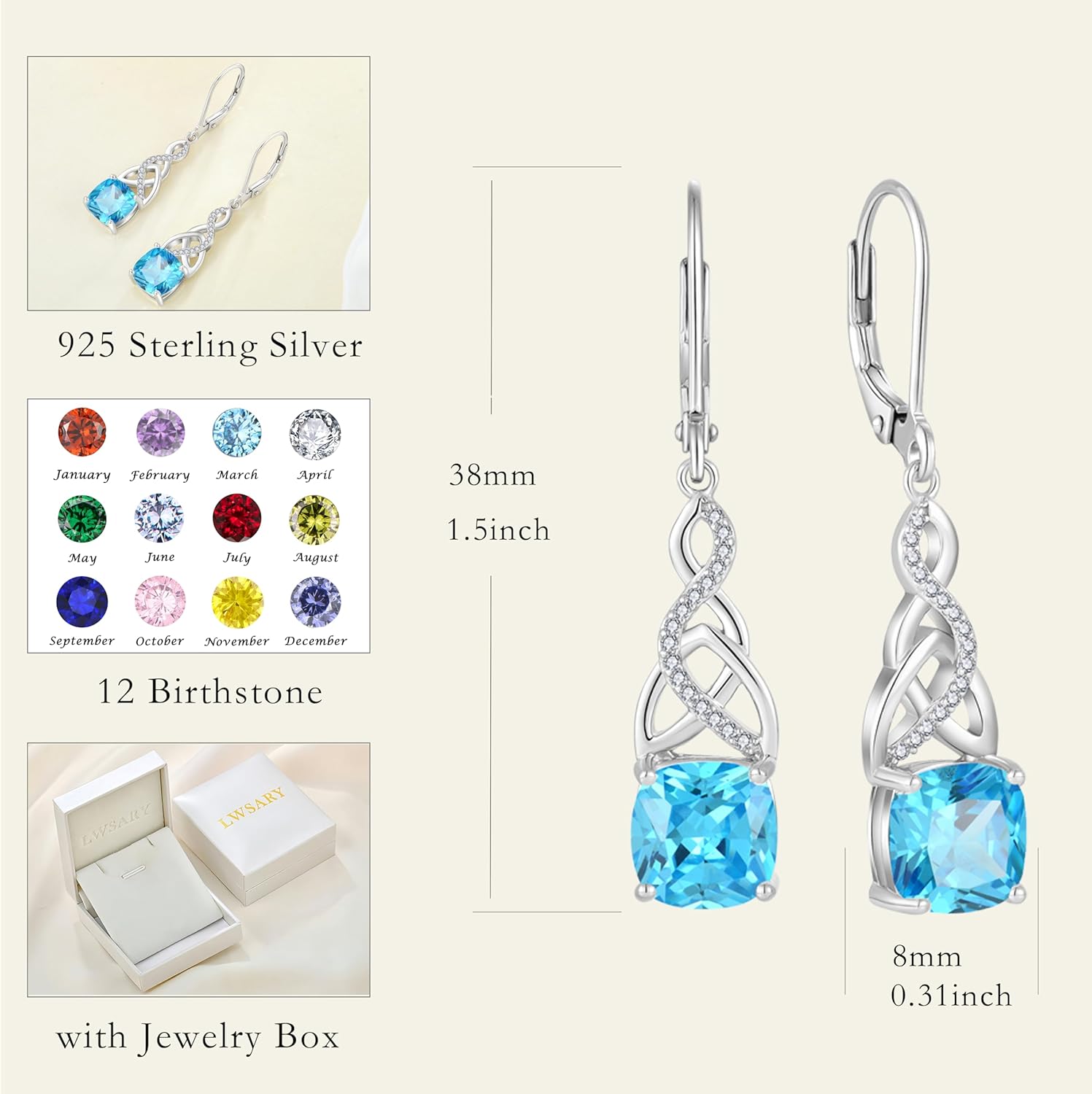 Infinity Celtic Knot Earrings for Women 925 Sterling Silver Princess Cut Birthstone Dangle Drop Leverback Earrings Irish Jewelry for Her