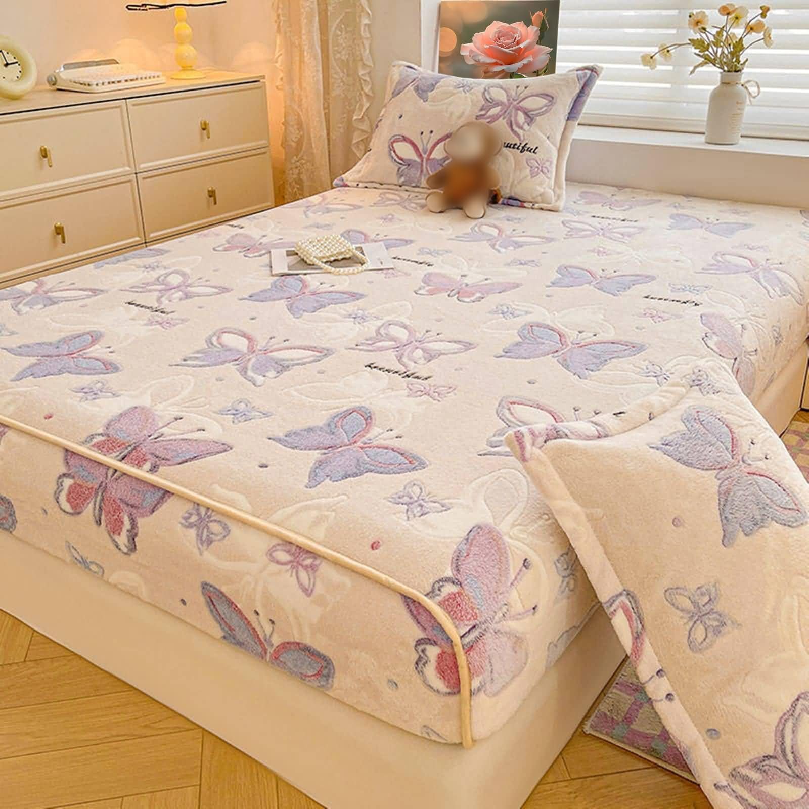 Beydodo Spannbettlaken 180x200 Boxspringbetten Lila, Spannleintuch Samt Dicker Stoff mit Muster Schmetterlinge Bettwäsche Spannbettlaken für Topper (1 Stück, ohne Kissenbezüge)