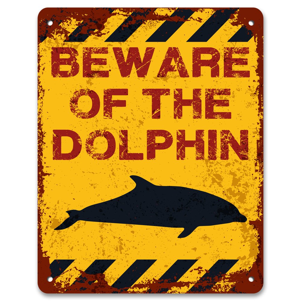 Print Crafted - Beware Of The Dolphin | Vintage Metal Garden Yard Warning Sign