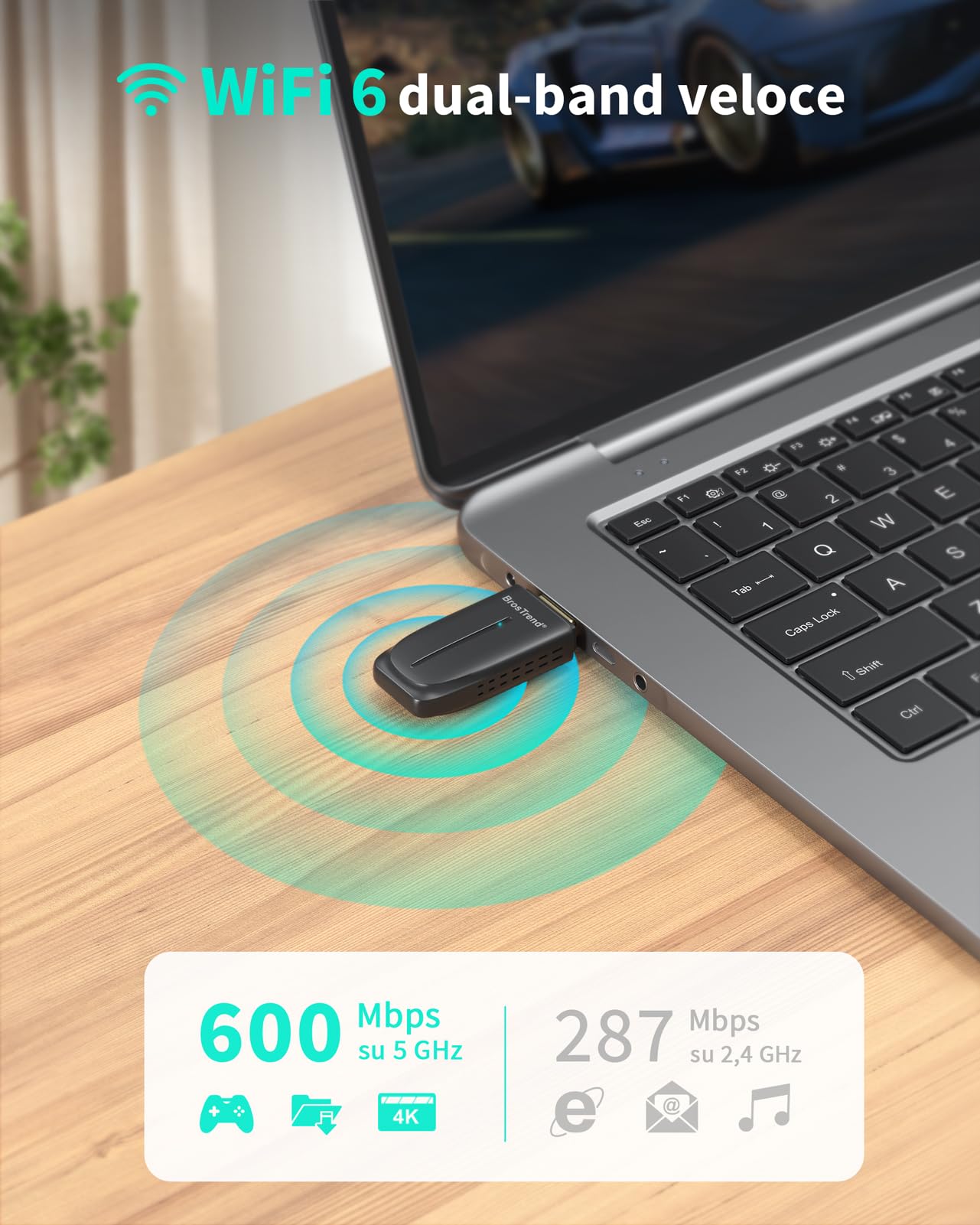 BrosTrend AX900 WiFi 6 USB Ricevitore 𝐁𝐥𝐮𝐞𝐭𝐨𝐨𝐭𝐡 𝟓.𝟒, Chiavetta WiFi per PC Fisso, Mini Bluetooth USB Adattatore Wi-Fi Dual Band 5GHz 600Mbps + 2.4GHz 286Mbps Supporta Windows 11/10, WPA3