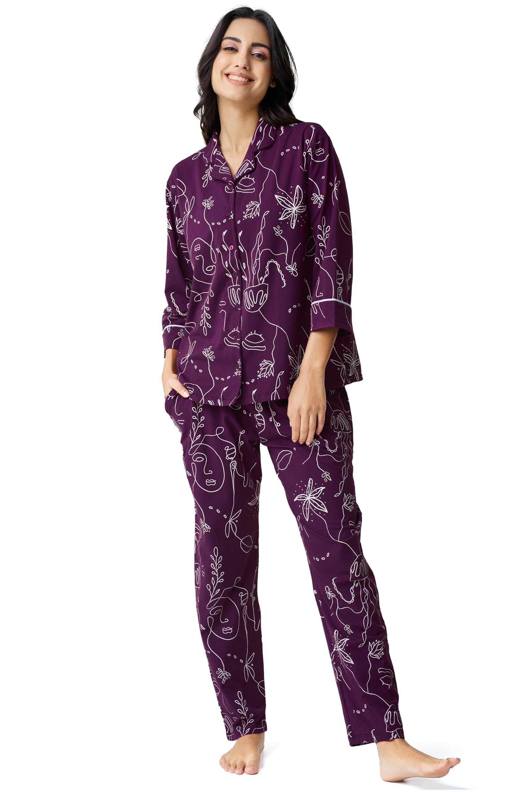 Night Suit for Womens Floral Printed Cotton Night Dress of Shirt and Pajama Set 9395-image-36