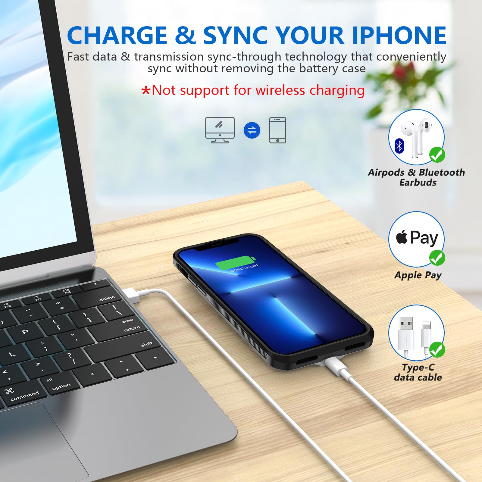 BOPPS Funda de batería para iPhone 13/13 Pro/14/14 Pro, 7000 mAh, funda de cargador portátil recargable, protección antideslizante de TPU suave para iPhone 13, 13 Pro, color negro