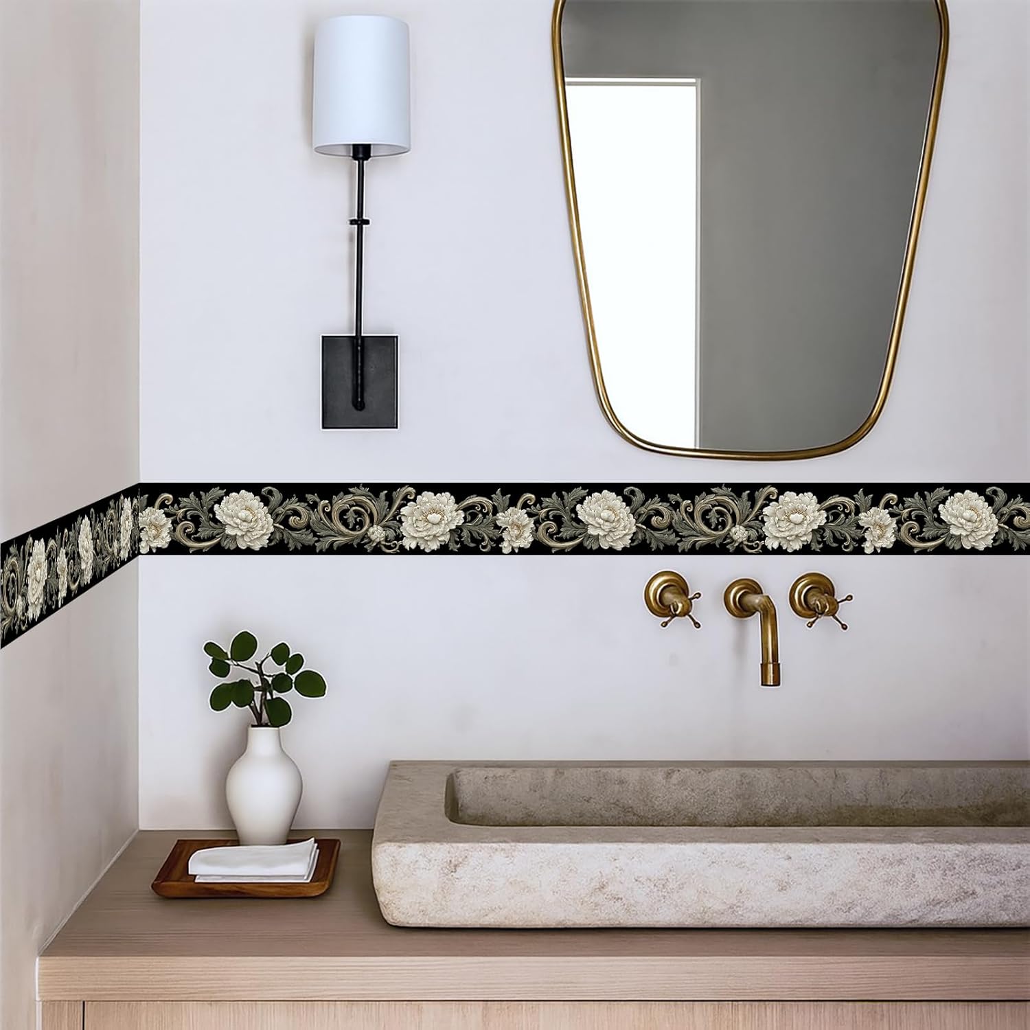 Beige Floral Scroll Wallpaper Border 196x4 Inch Peel and Stick Wall Border Removable Vinyl Wall Trim Classic Vintage Pattern for Living Room Kitchen Bedroom Bathroom Home Decor