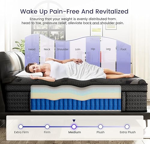 Miniatura 4 de Colchón híbrido King de lujo de 12 pulgadas en una caja, colchones de firmeza media con espuma viscoelástica de gel y resortes ensanchados, alivio