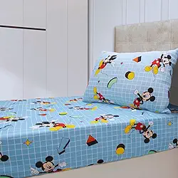 Jogo de Cama Solteiro Infantil Disney Mickey Azul Oficial – Anti Alergico Lençol c/Elástico – Malha 70% Algodão 30% Poliéster Premium