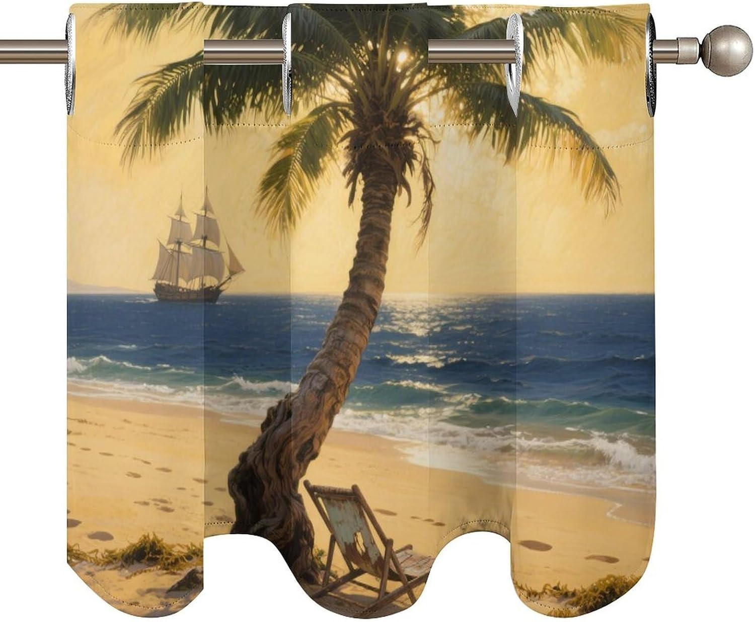 Beach Coconut Trees Curtain 2 Panels, Polyester Fiber, Blackout Insulated Window Curtain, Curtain Valance for Kitchen Dining Room Living Room Cafe Small Window 52 * 18.1 Inches