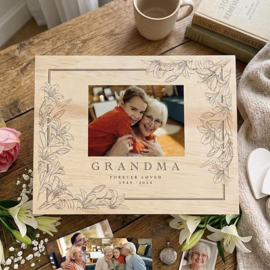 Caja de recuerdos personalizada con foto de lirio de pino | texto personalizado y foto | regalo de cumpleaños, regalo de aniversario, regalo de duelo, recuerdo conmemorativo, regalo para ella | 36 x