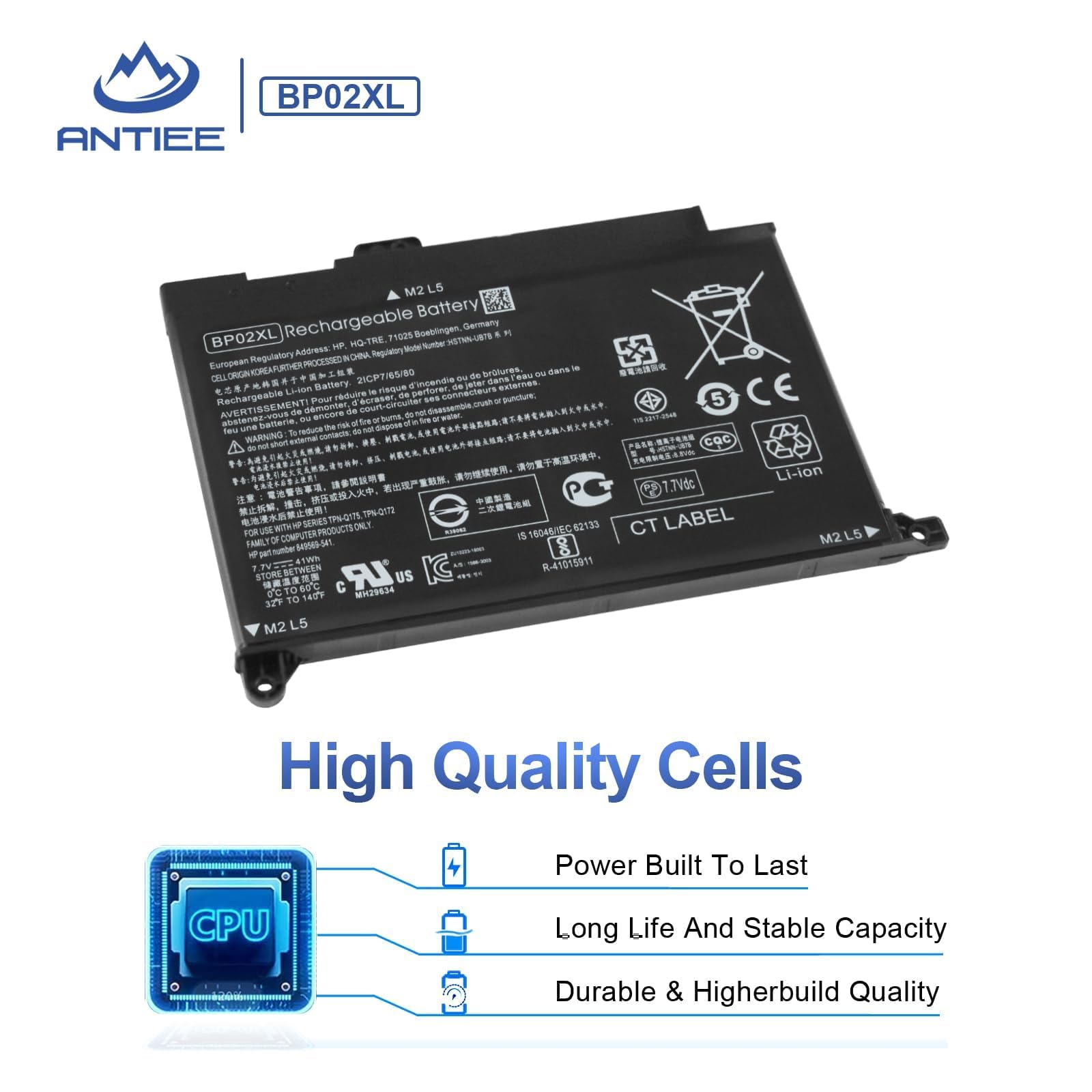 Batería portátil ANTIEE BP02XL para HP Pavilion 15-AU000 15Z-AW000 | 7,7V 41Wh, compatible 849909-850 849569-421 BP02041XL TPN-Q172, apto 15-AU010WM 15-AU018WM