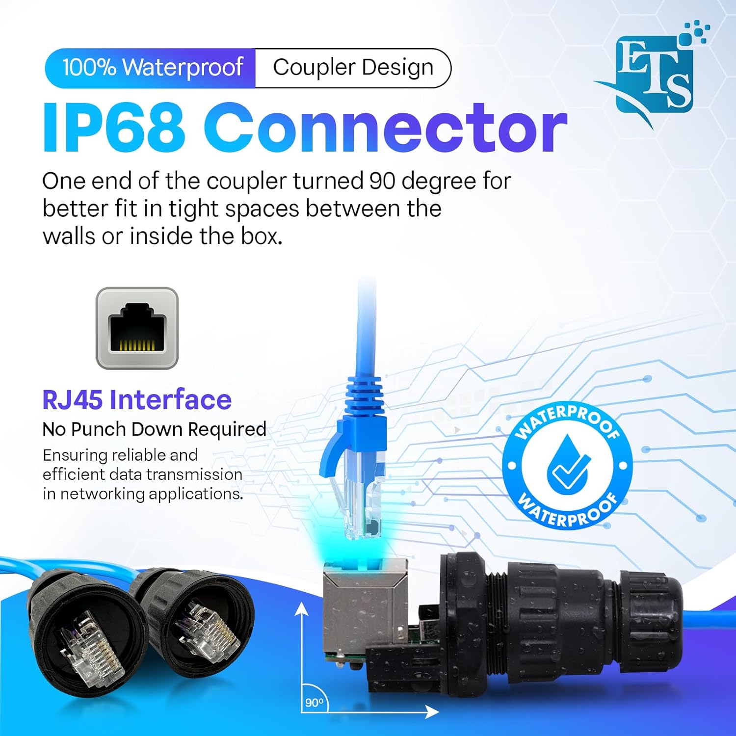 ETS Stainless steel dual gang wall plate w/double IP68 outdoor RJ45 CAT6 jack pass through jack coupler connection type, connector cover cap, cable gland