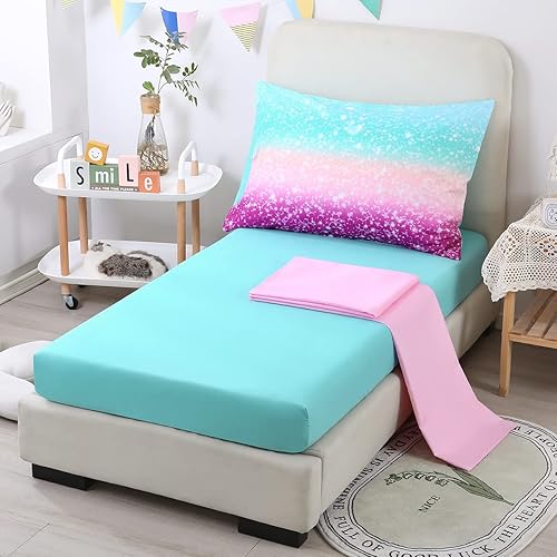 Miniatura 3 de URBONUR Juego de ropa de cama de 4 piezas para niñas con degradado morado naranja verde azulado aguamarina juego de ropa de cama para niños pequeños