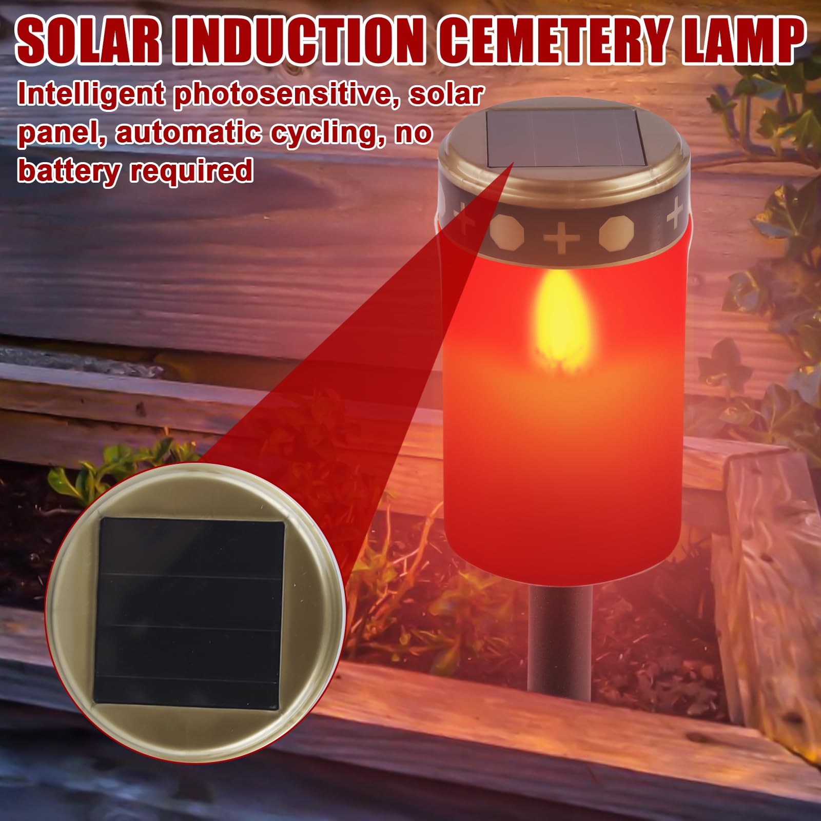 GOMETY Set di 4 candele per tomba, a energia solare, con picchetto, luce per tomba, luce fissa, luci per tomba, illuminazione per esterni, decorazione funeraria, ricordo (rosso) (rosso)