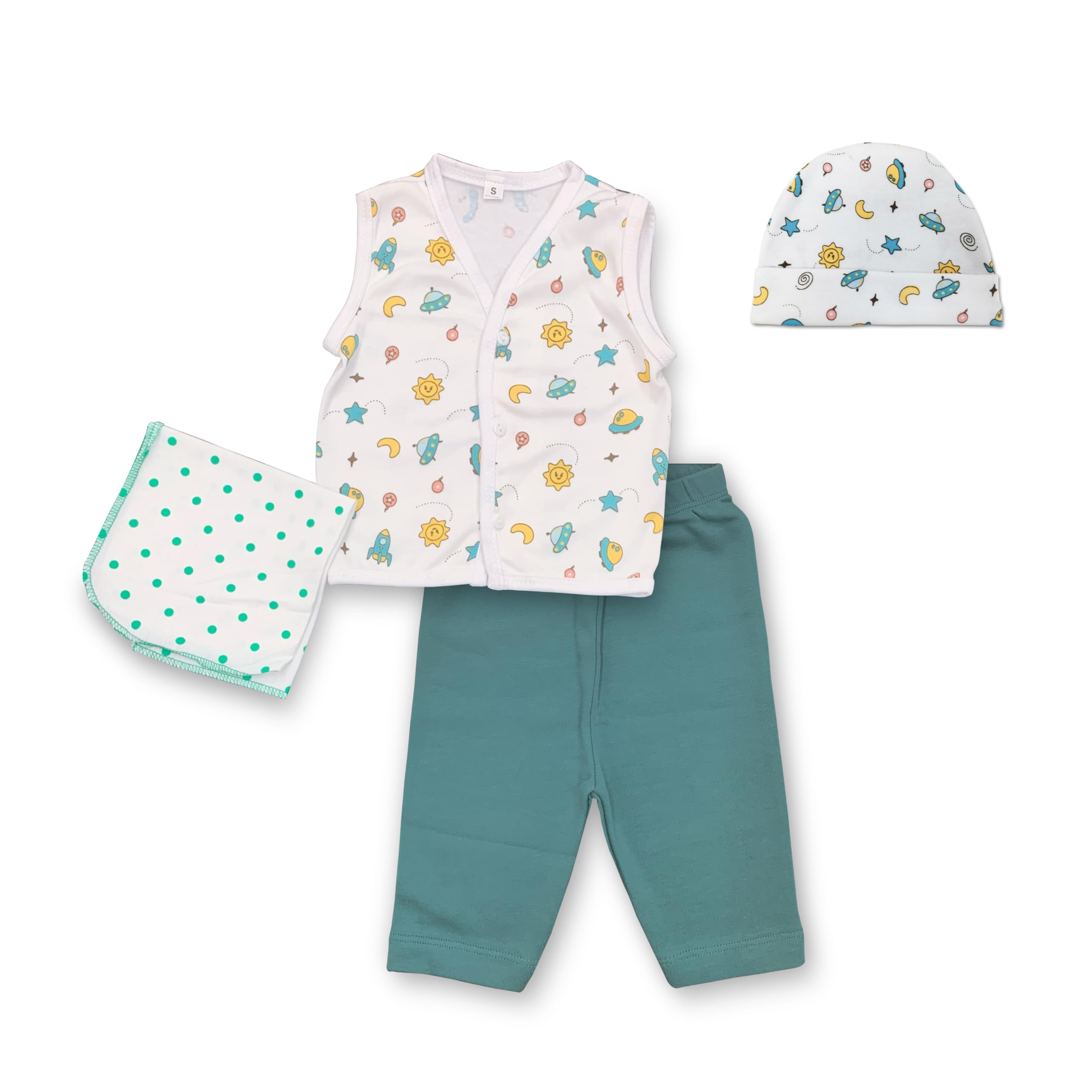 Kridlo 100% Cotton Baby Set – 1 Vest, 1 Pant, 1 Cap, 1 Napkin for Newborns (0-3 Months), Multi-Color, Skin-Friendly, Pack of 4, Soft & Breathable-picture-13