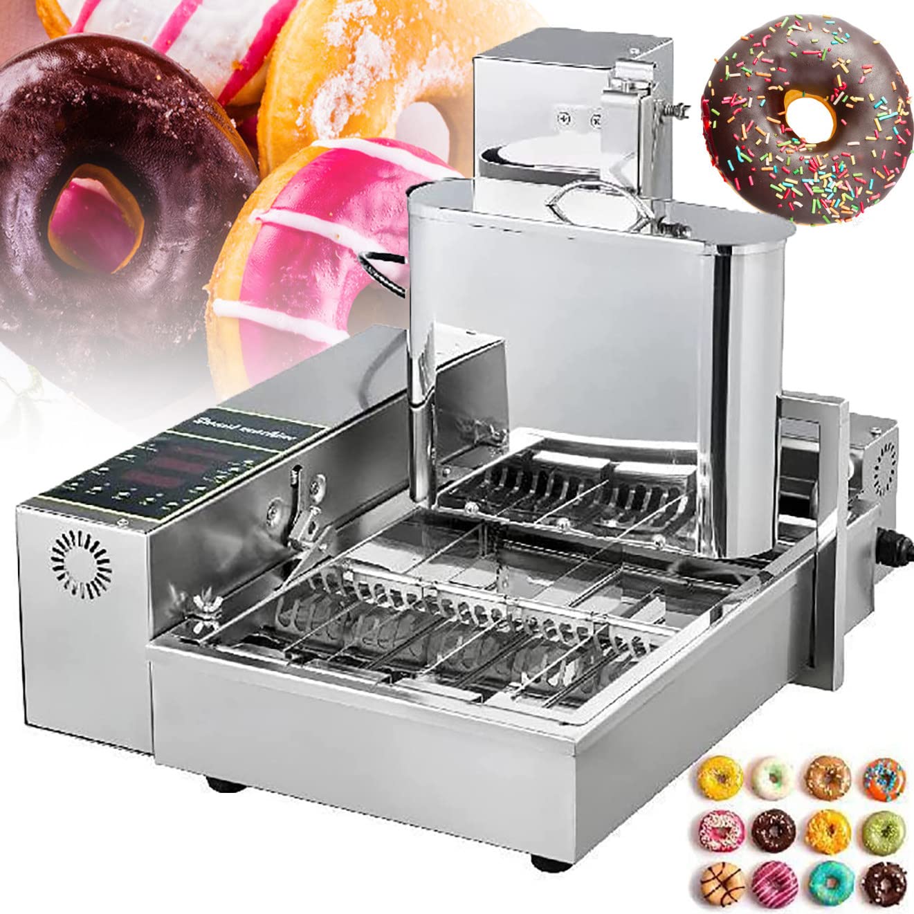 EAGLEG Commercial Automatic Donut Making Machine, 6 Rows 9.5L Hopper, Commercial Donuts Making Machine Frying Mini Donuts Maker Adjustable Thickness 304 Stainless Steel,220V