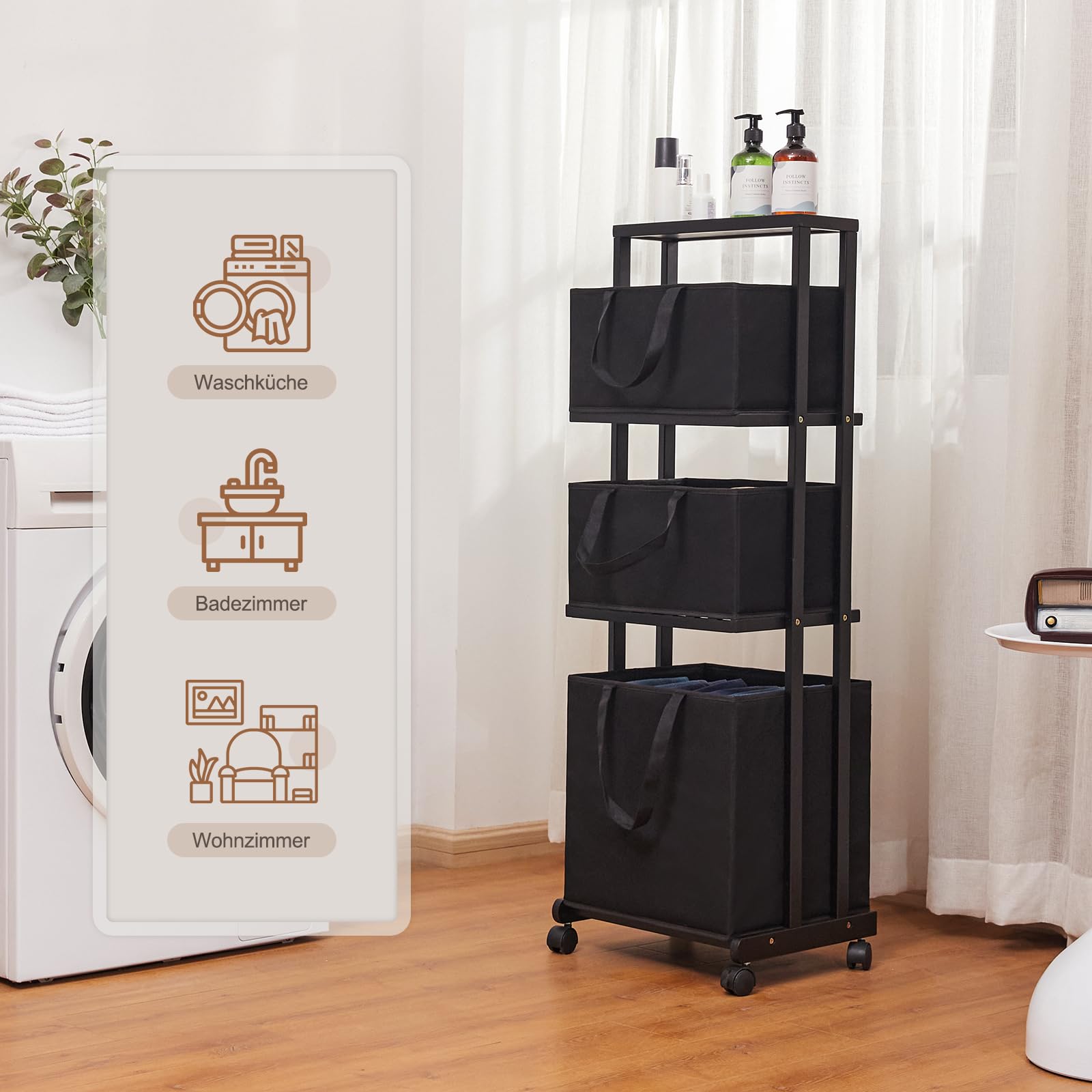 Yorbay Cestos para la Colada，Estantería de Baño en Bambú con Ruedas, 121x42x34cm, Para Ropa Sucia, Armario con Cesta para Organización de Colada (Negro)