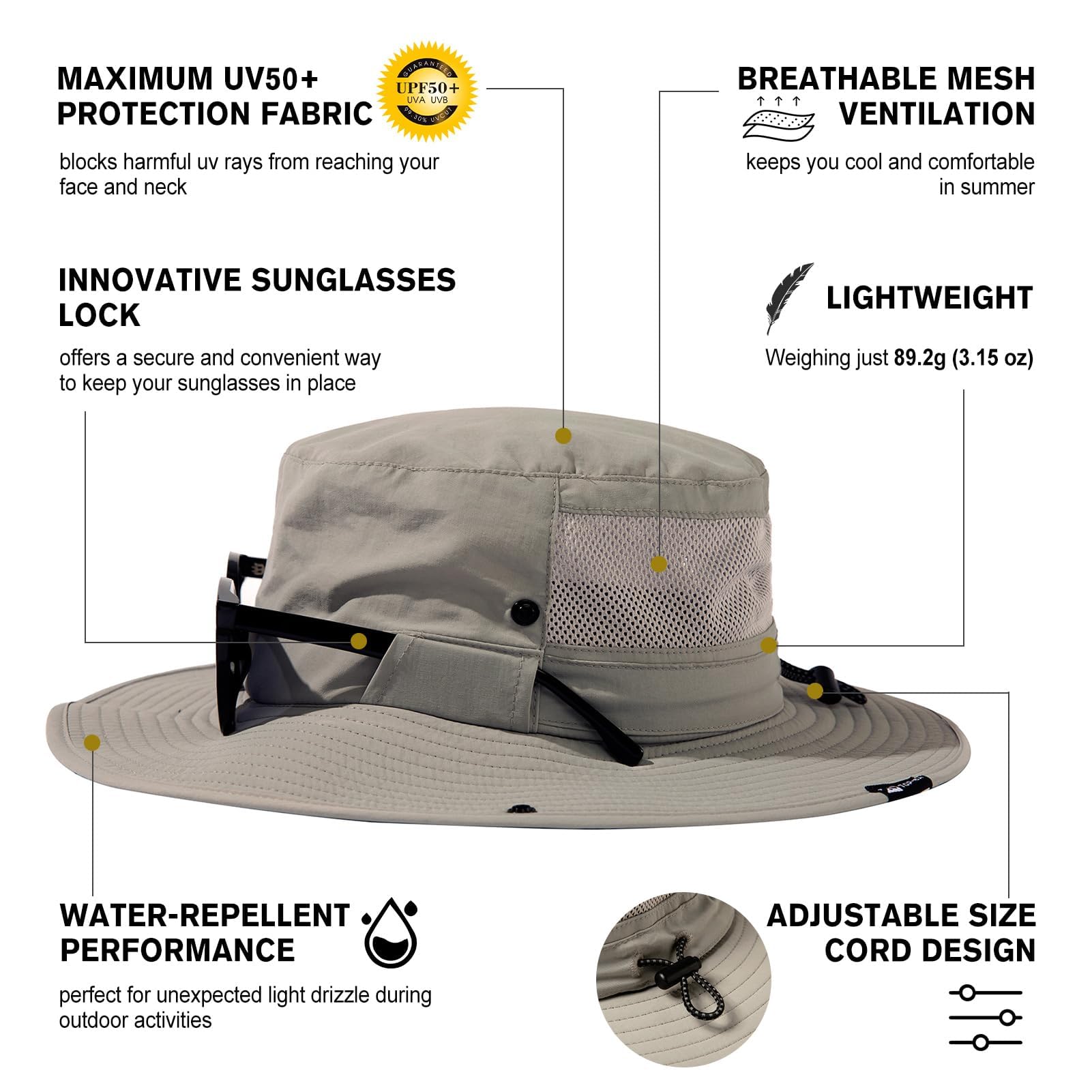 TOP-EX L/XL/XXL UV50+ Cappello da sole impermeabile a tesa larga per pesca estiva escursionismo con cinturino staccabile e rete ventilata