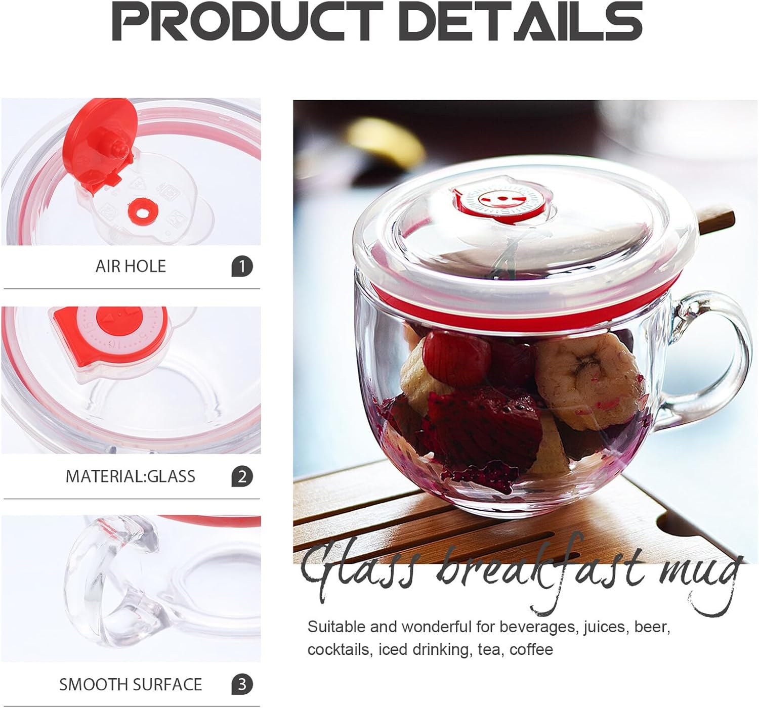 ABOOFAN Portable Transparent Glass Breakfast Cup with Lid and Spoon Microwave-safe Oatmeal Mug for Coffee Tea Milk and Cereal Storage Multipurpose Sealed Container for Home and Travel