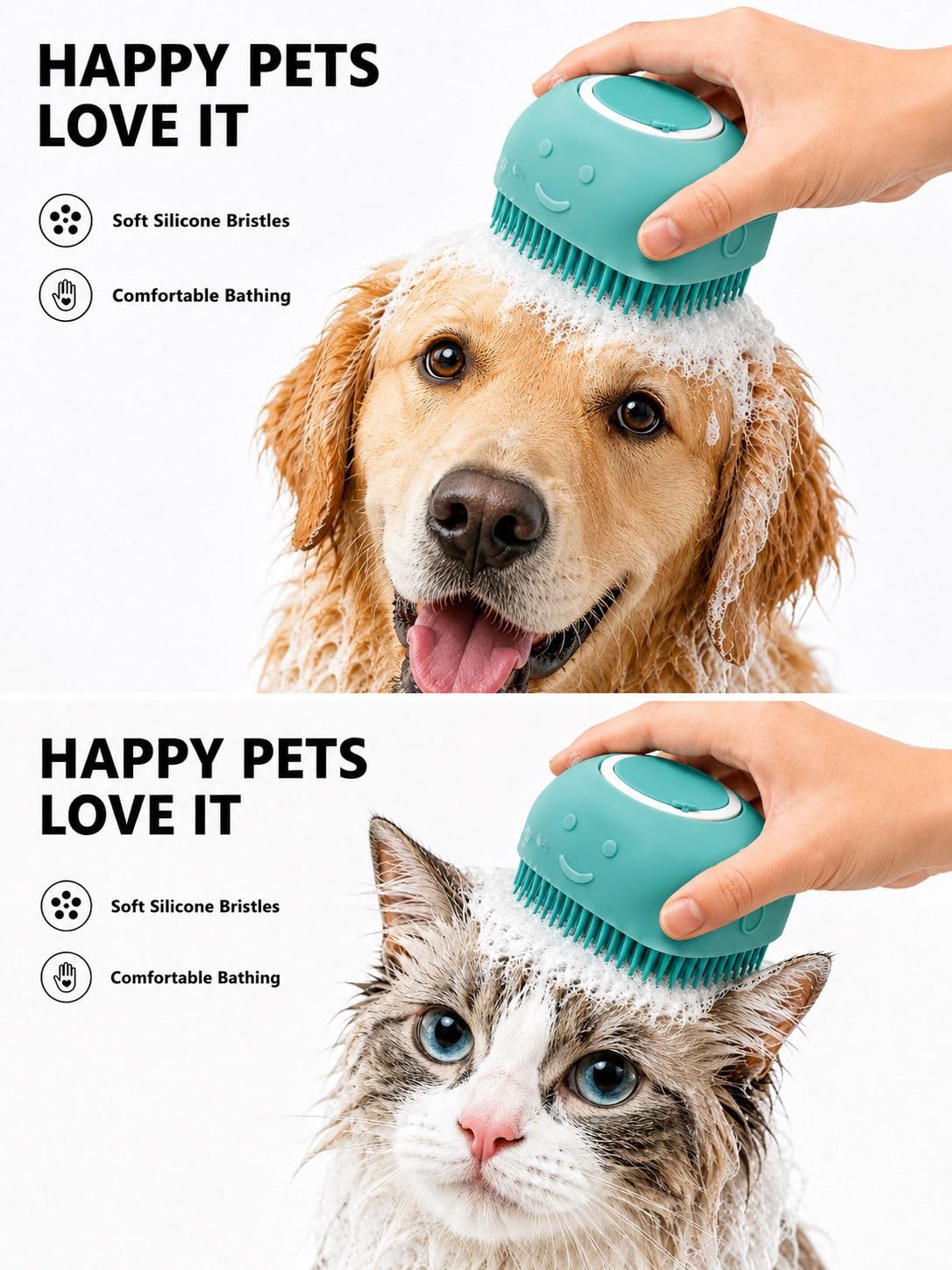 Portable Pet Bath Brush for Dogs and Cats, Silicone Rubber Shower Massage Brush, Shampoo Dispensing Cleaning Washing Tool Green
