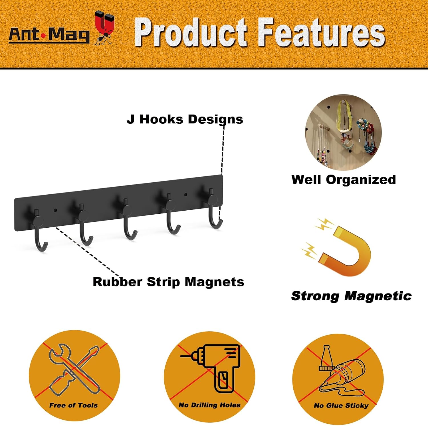 Ant Mag Magnet Hooks for Keys Magnetic Strip for Fridge with Non Surface Damage Perfect for Hanging Utensils Grills Towels Hats & Light Accessories 5 Hooks/Pack, 2 Pack
