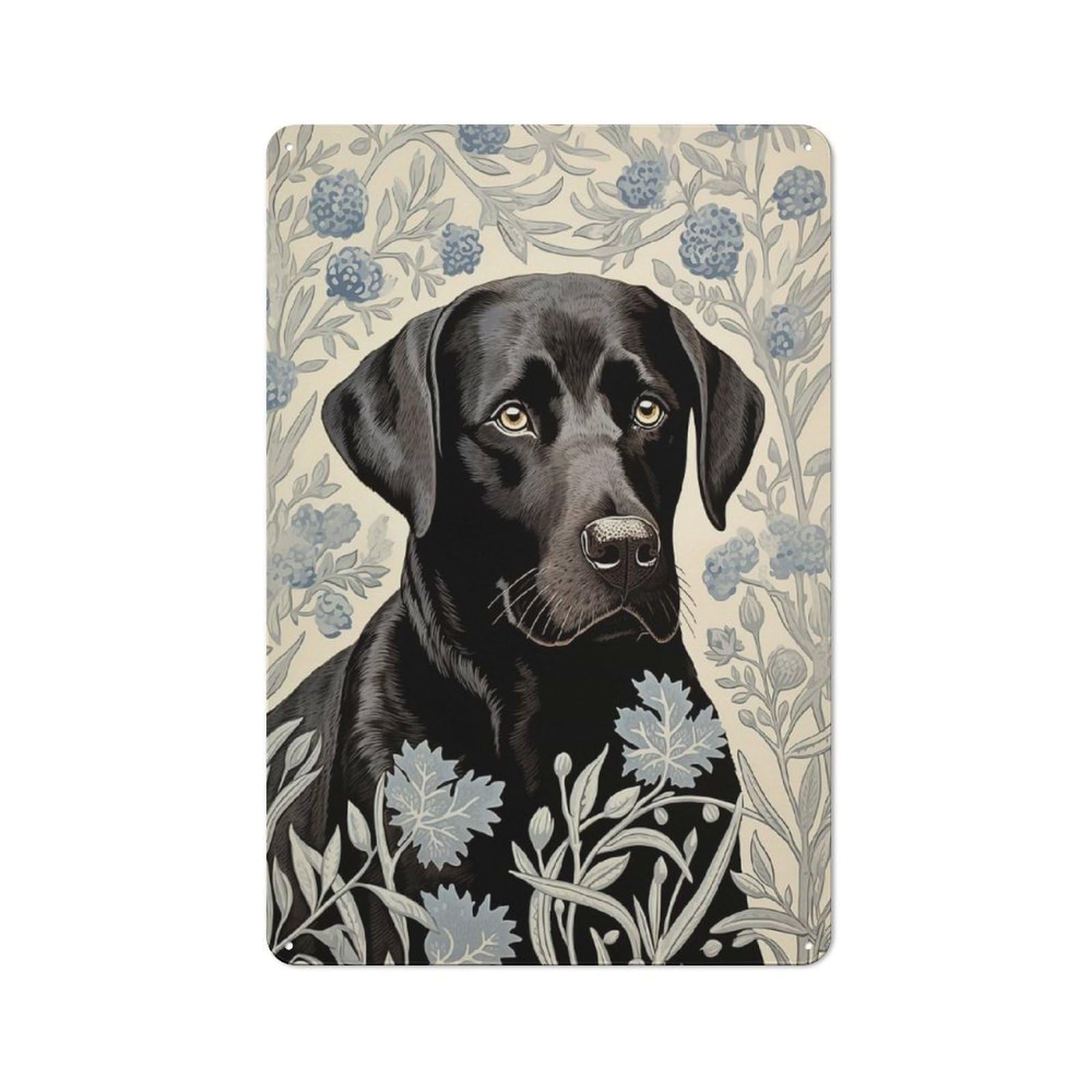 For Hobby Room Or Studio, Black Labrador in Floral Pattern Rustic Metal Sign 30x20cm, for Creative Interior Collectors Refreshing A Room in Autumn