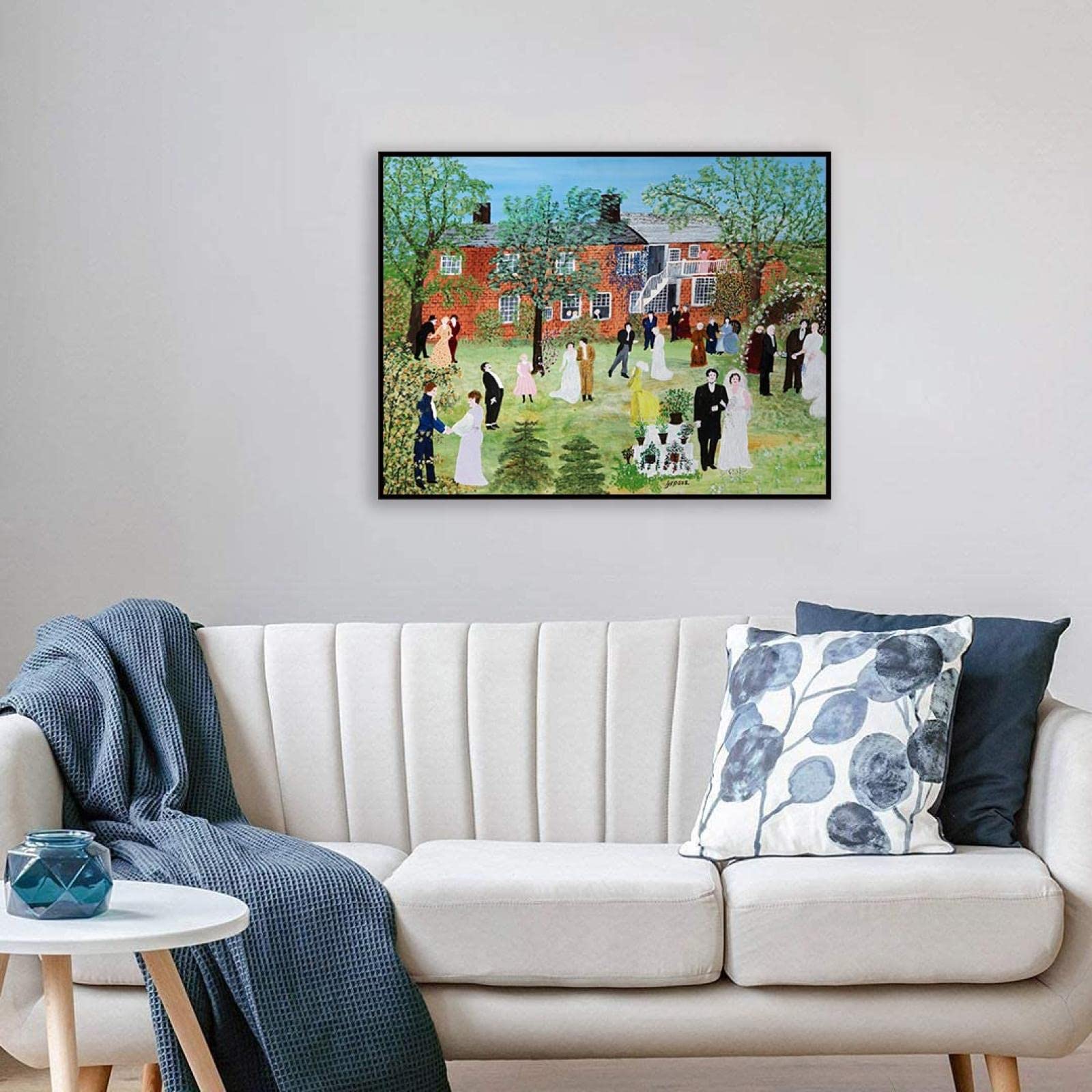 JZSDGB Marco negro-Grandma Moses Pintura Reproducción de Carteles Cuadro en lienzo-impresión Obras de Arte-Paisaje Cuadros famosos impreso sobre lienzo(una boda en el campo) 80x120cm(31x47in)