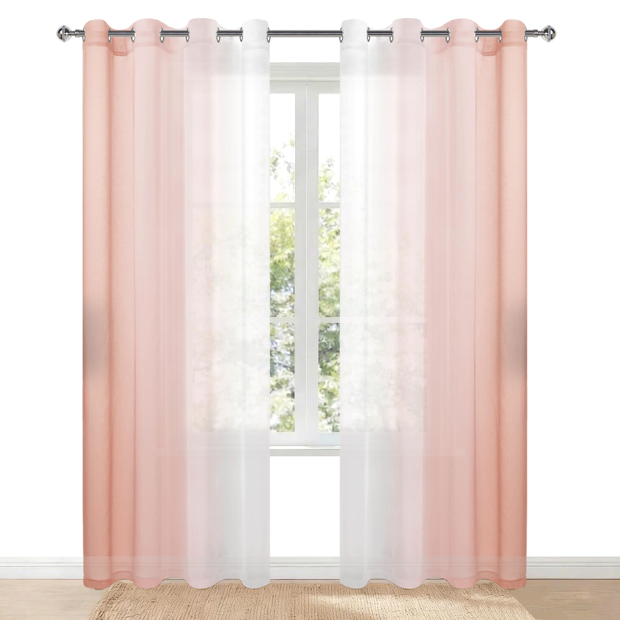 Hiasan Lot de 2 Rideau Voilages Rideaux Intérieurs à Œillet avec Dégradé de Couleur - Voile Transparent en Polyester pour Salon, Chambre ou Bureau, 140x260cm, Rosa