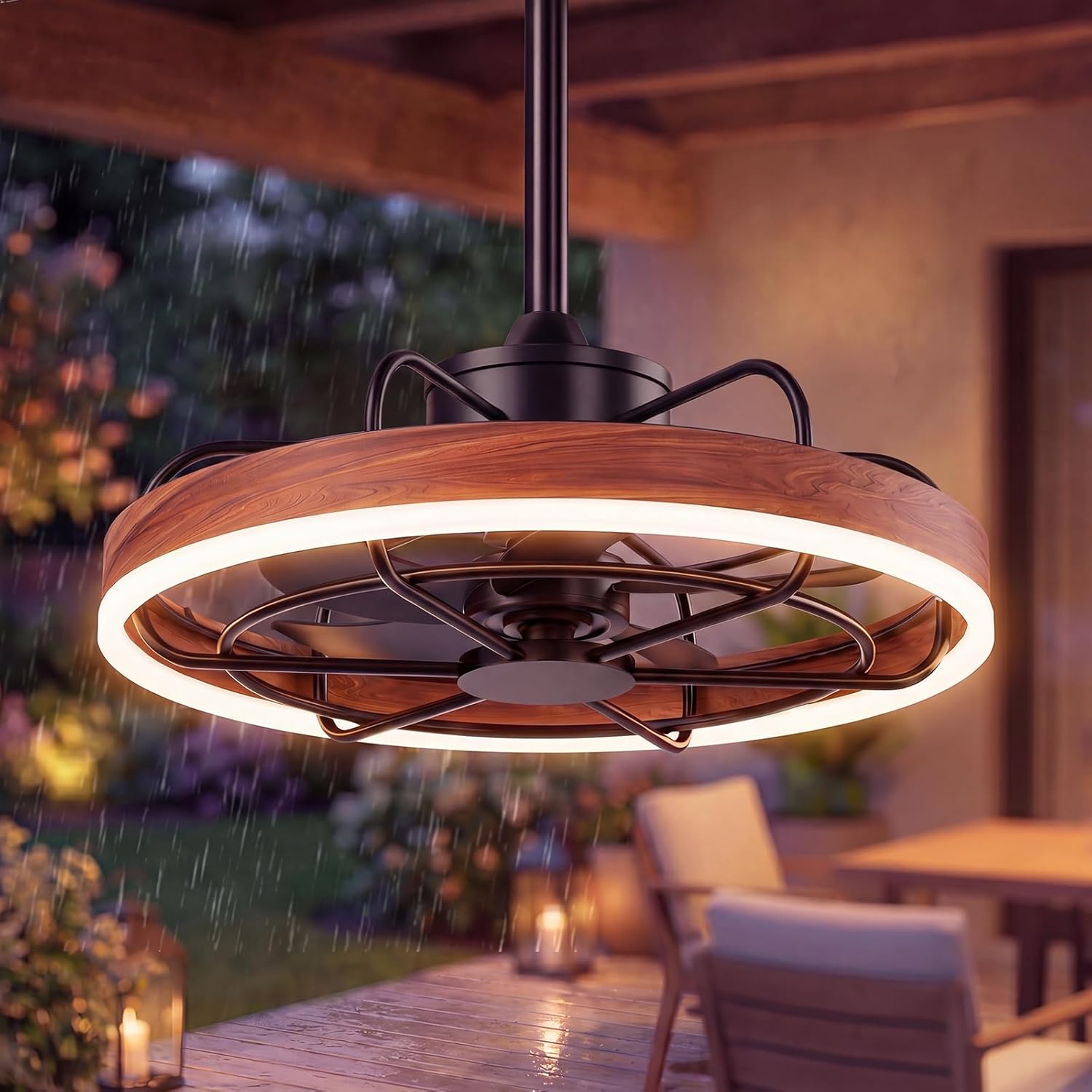 Gazebo Fan with Light, 20" Plug-in Gazebo Ceiliing Fan with App/Remote Control, Outdoor Ceiling Fan with Light IP65 Waterproof, 3 CCT Light, for Patio, Gazebo, Porch - Wood Grain