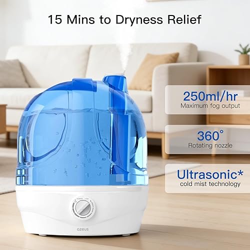 Miniatura 4 de AZEUS Humidificador ultrasónico de niebla fría de gran capacidad de 2.8 litros, potente control de humedad para espacios cómodos, dura hasta 30