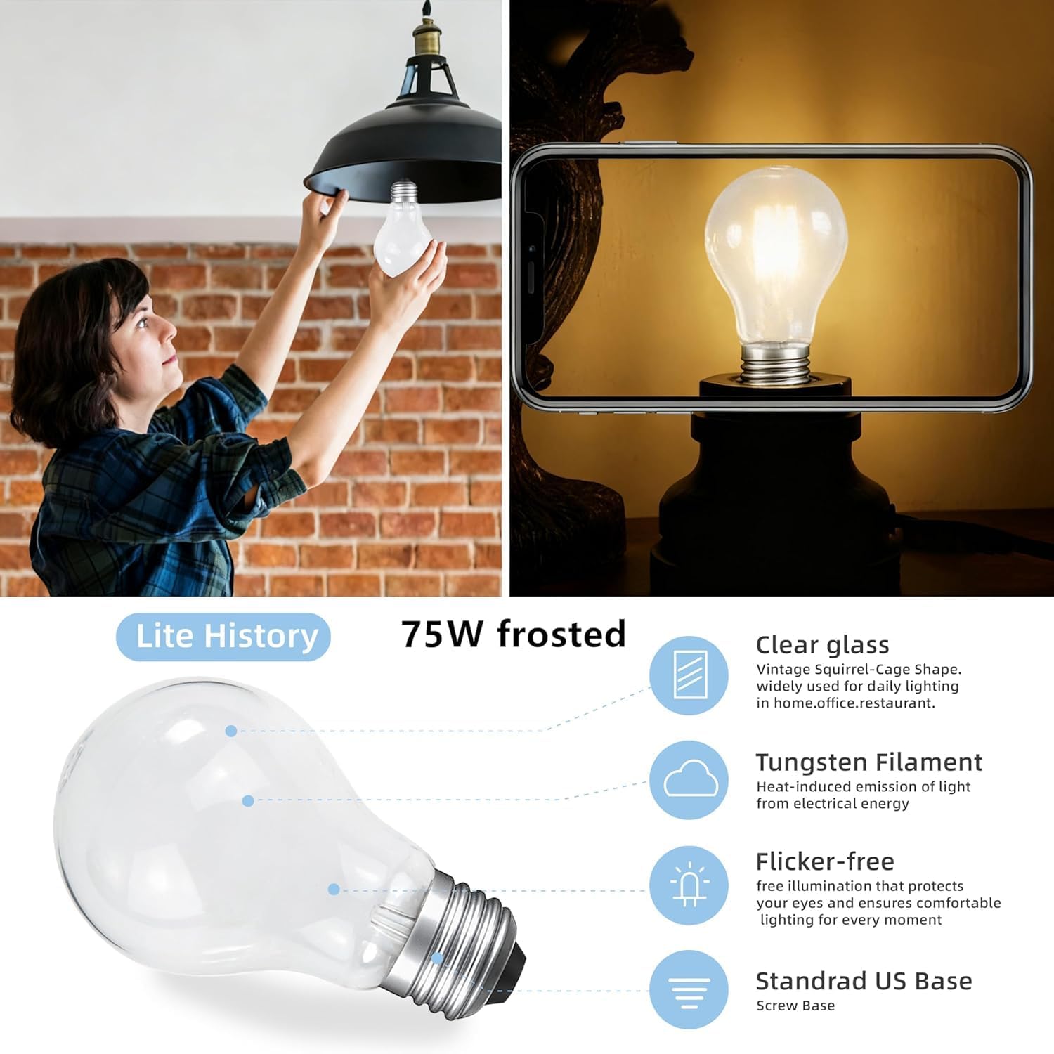 75 Watt Incandescent Light Bulbs, A19 75 WATT Incandescent Bulb Shatter Resistant Rough Service Light Bulb 75 WATTS A19 Shape 4PACK