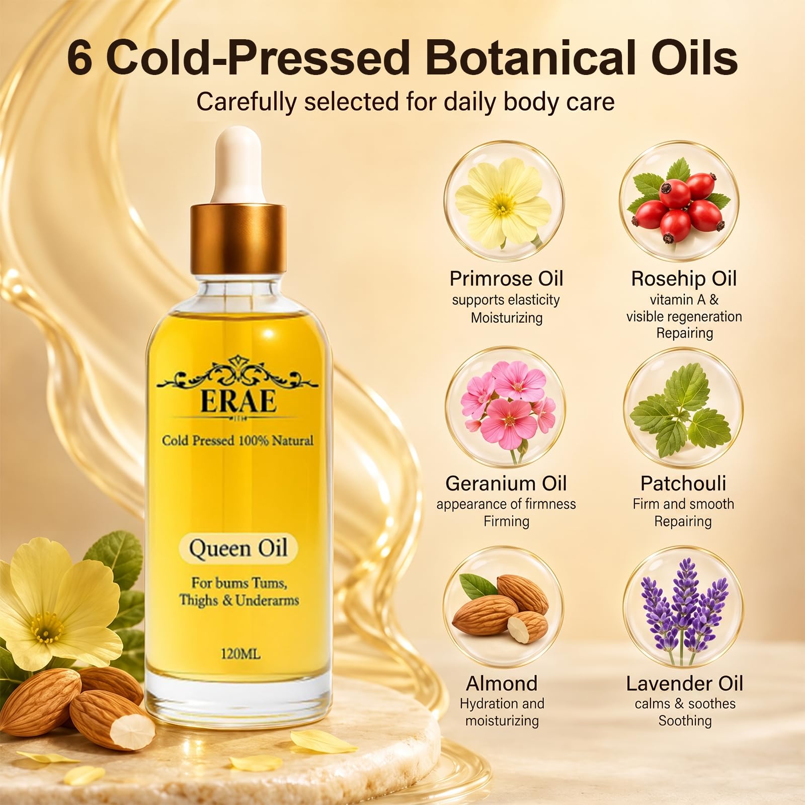 ERAE Queen Body Oil – Miscela botanica pressata a freddo per idratare e rassodare la pelle, olio idratante per il corpo leggero ad assorbimento rapido per braccia, gambe e stomaco