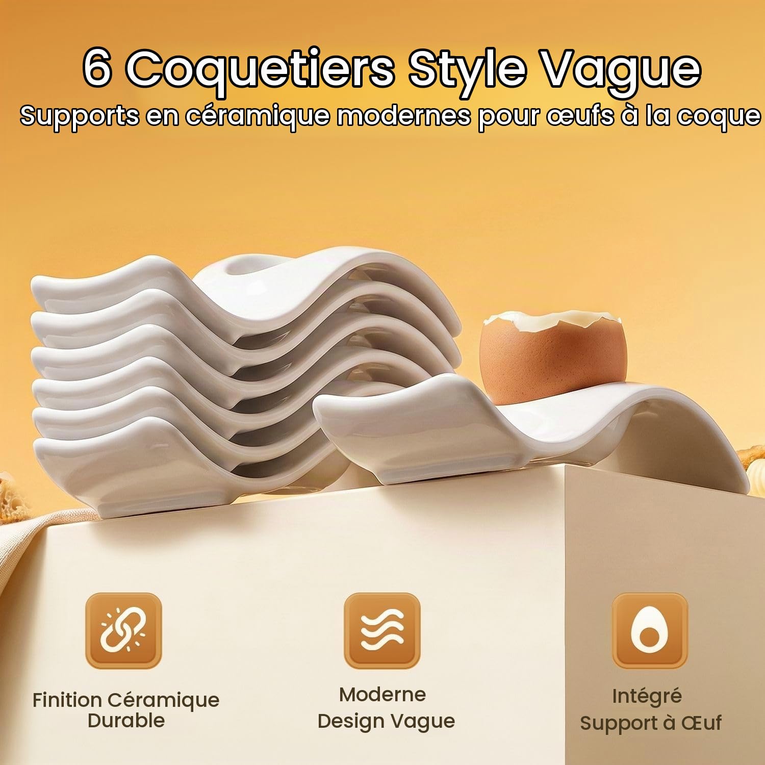 Flexzion Coquetiers pour œufs à la coque - Lot de 6 en céramique - Coquetiers empilables avec socle pour service, petit-déjeuner, brunch - Décor de table, Vagues
