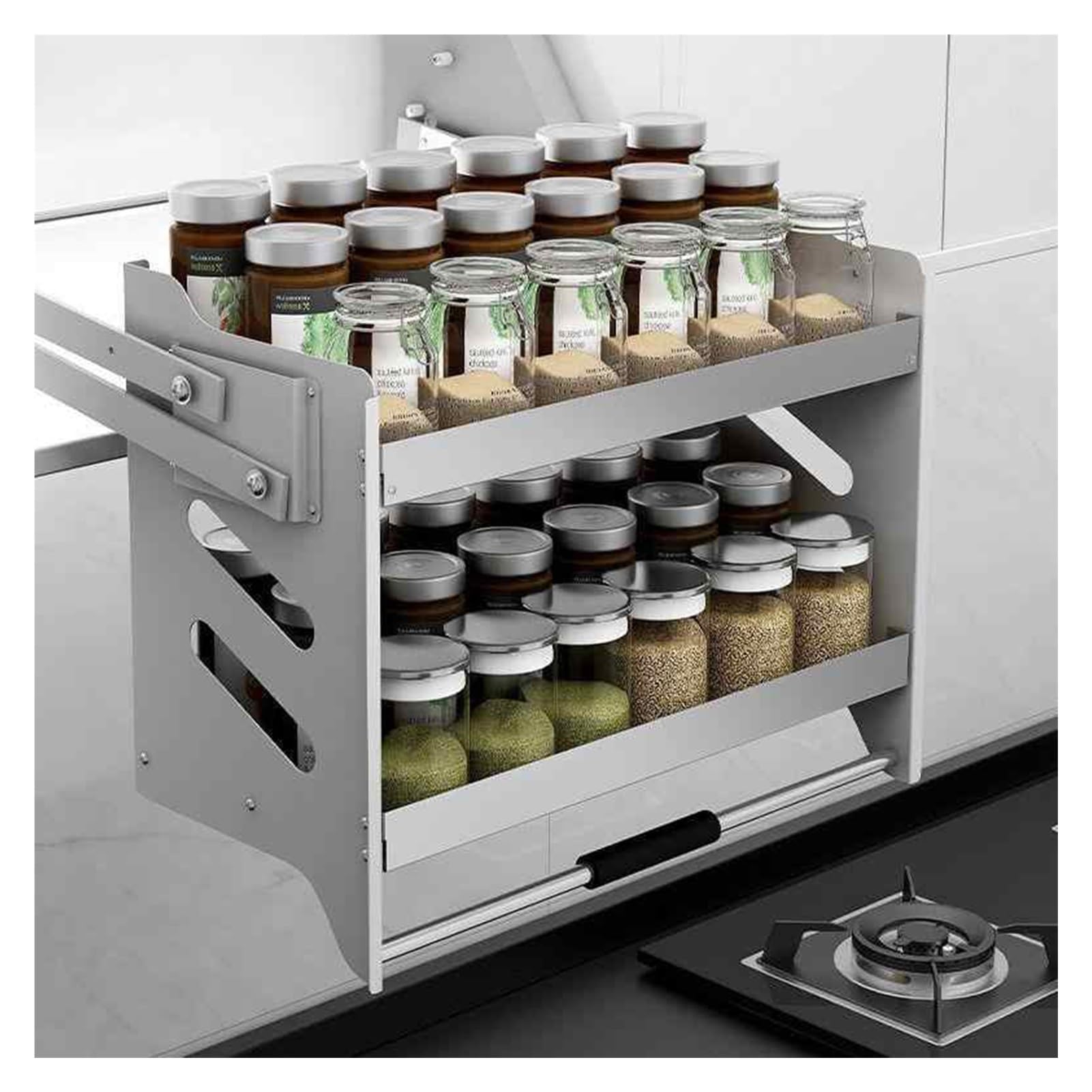 IUokLU 2 Tier Pull Down Kitchen Cabinet Organizer, Sliding Storage Shelf for Spice Bottles & Seasoning Jars, Adjustable Pull-Out Basket - Maximize Space & Accessibility(56-57cm)