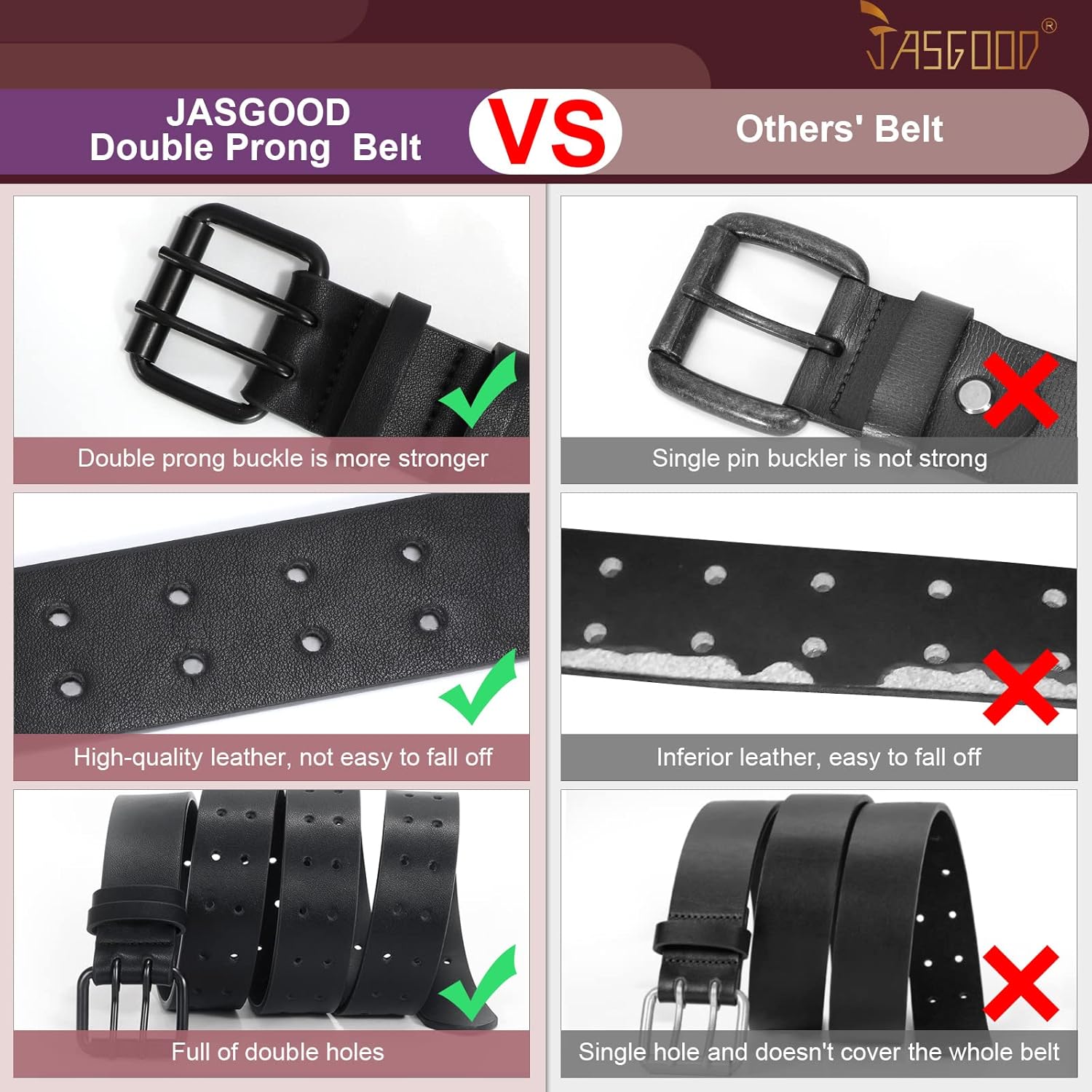 JASGOOD Men Double Prong PU Leather Belt Casual Work Heavy Duty Belt Double Grommet Holes Belt for Jeans - Image 2
