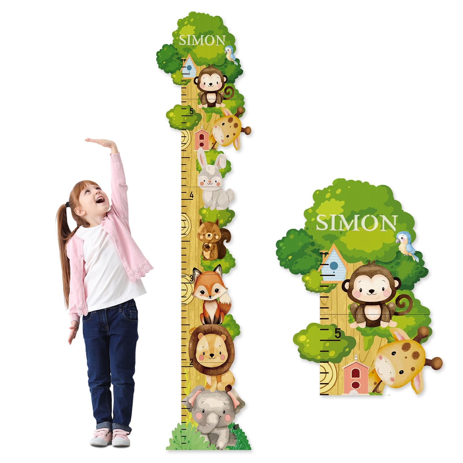 Personalisiert Messlatte Kinder Holz für Baby- & Kleinkinderzimmer mit Namen, Abnehmbares Messlineal für Baby-Messlatte für Schlafzimmer, Wanddekoration (Waldtiere)