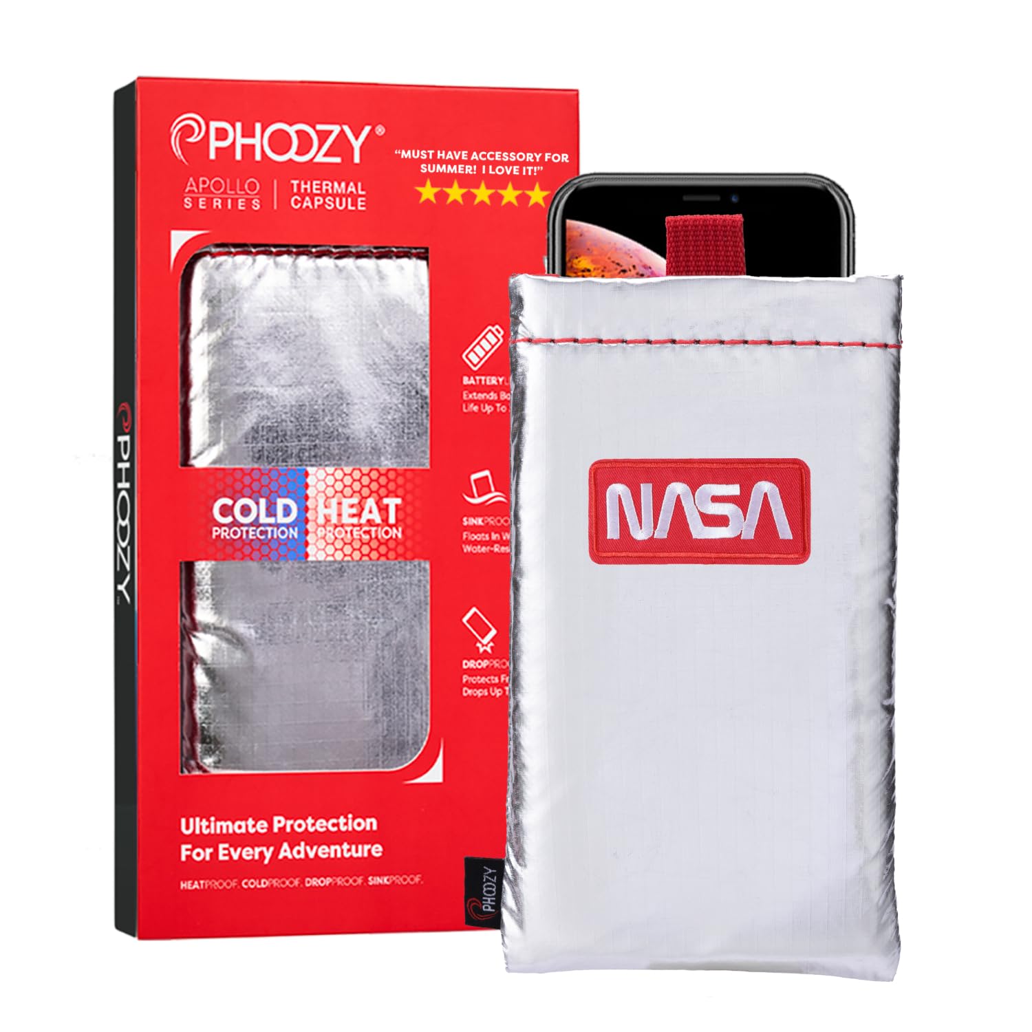 PHOOZY Thermal Phone Case Apollo Series: Cell Phone Pouch Prevents Overheating from Sun Exposure, Extends Battery Life, Provides Drop Protection and Floats in Water (LARGE - SPACE Silver)