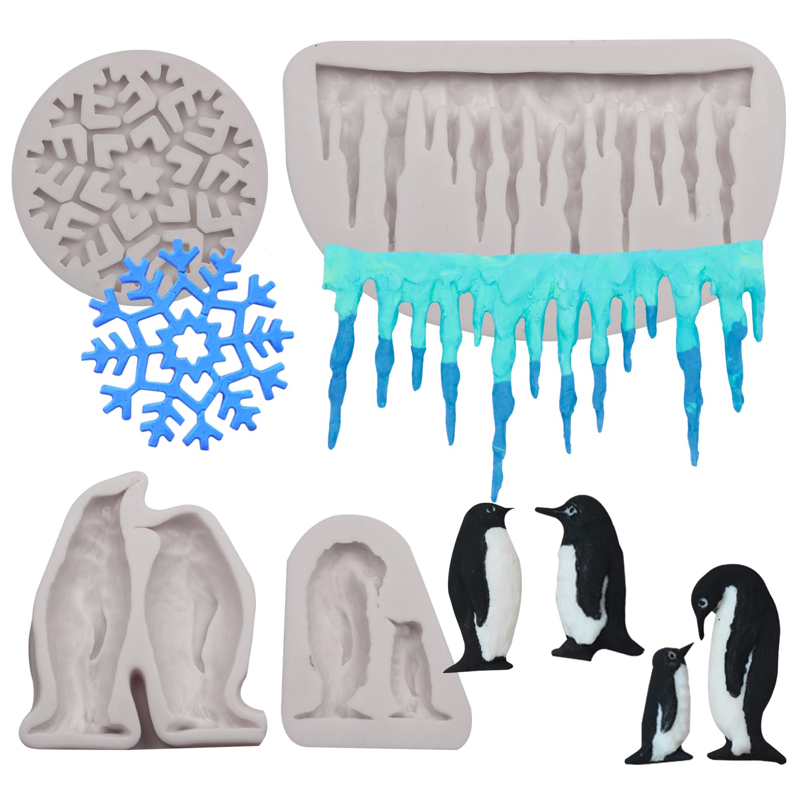 Moldes de silicona navideños, juego de 3 piezas con diseños de pingüino y copo de nieve, color gris