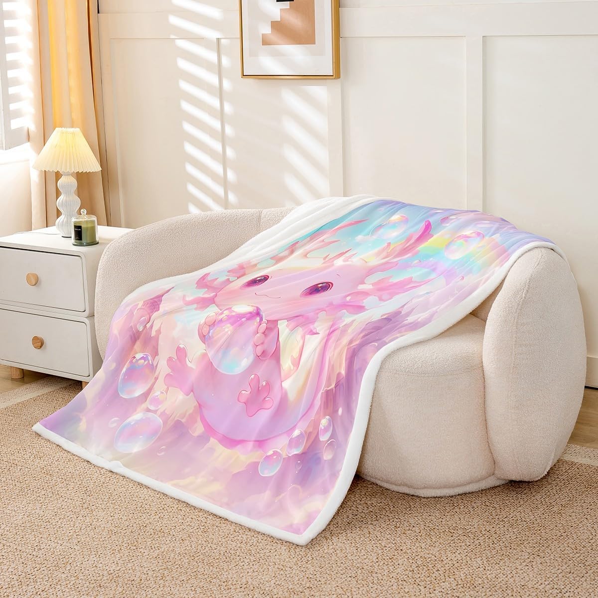 Erosebridal Axolotl Sherpa Blanket Throw 50"X60" Kids Kawaiii Salamander Cute Throw Blanket Pink Dreamy Castle Nebula Fleece Blanket Ocean Animals Cute Fuzzy Blanket for Boys Girls Bed Couch