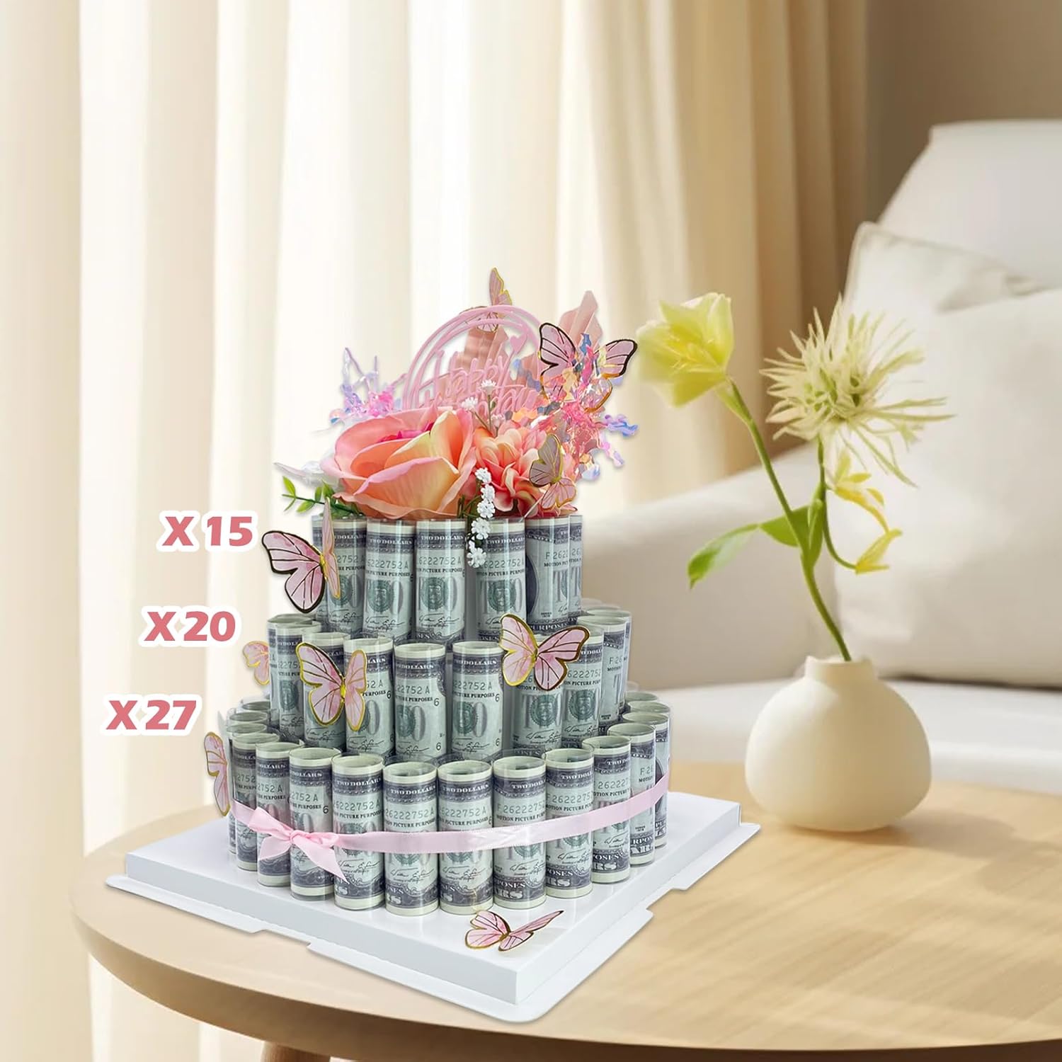 Cash Gifting Cash Gift Box，Happy Gift Box Money Flower Cake, DIY Surprise Gift for Valentine's Day (Pink three-tier)