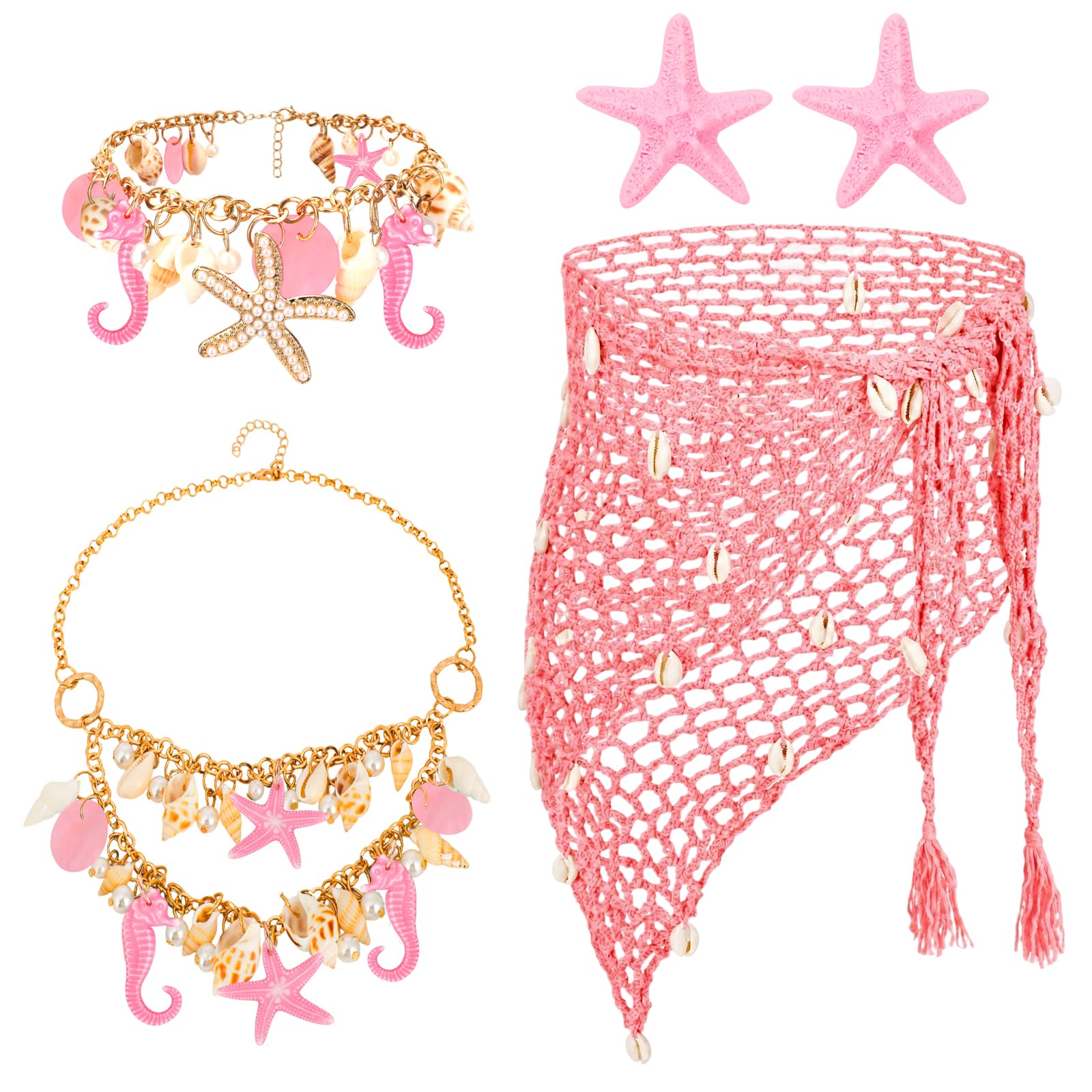 XEPST 5PCS Mermaid Costume for Women - Siren Costume Mermaid Accessories Set With Sarong Crochet Skirt Cover Up Shawl Starfish Hair Clips Shell Jewelry for Halloween Costumes Cosplay Carnival,Pink — image 1