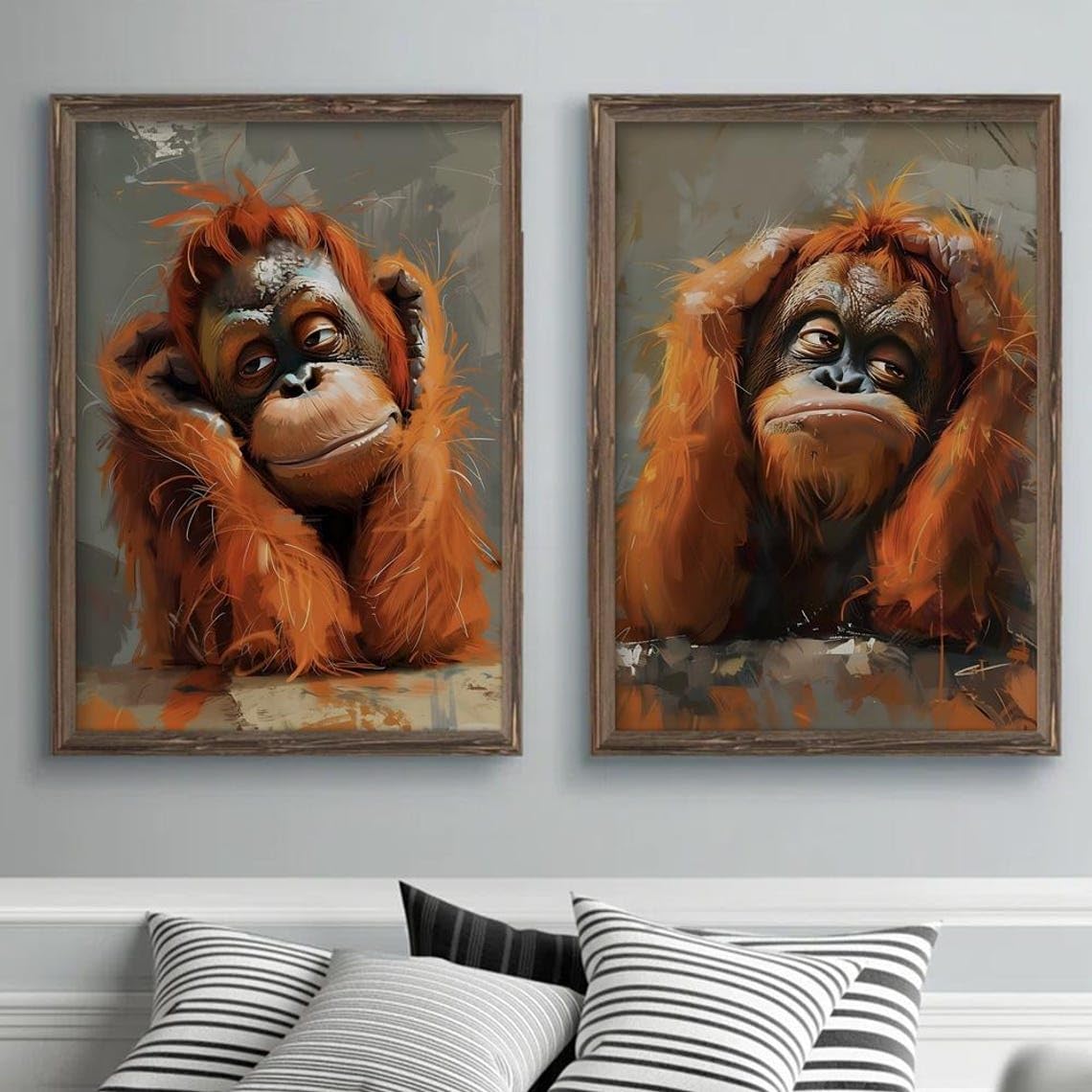 TONGYINLI Zabawny obraz orangutan, abstrakcyjny wydruk na płótnie zestaw plakatów: humorystyczny obraz ścienny ze zwierzęciem do pokoju dziecięcego dekoracja ścienna do domu (70 x 90 cm x 2/rama
