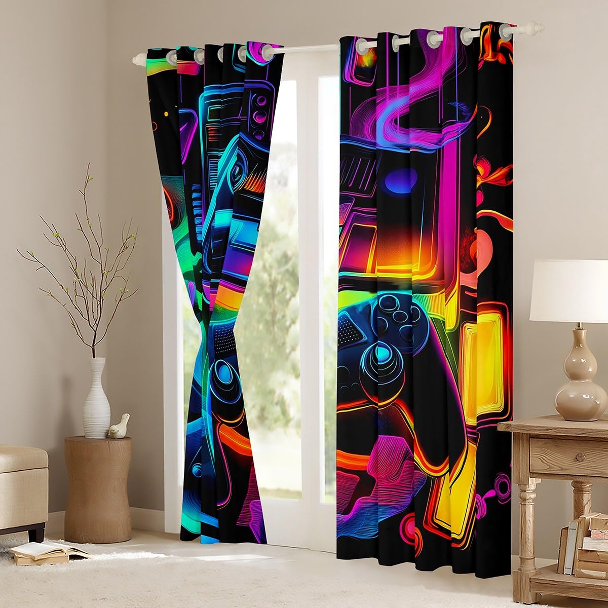 Homewish Rideau Occultant 140x245 cm Console de Jeu, Rideau Gamepad pour Garçons, Rideaux Voilage Jeux Vidéo pour Adolescents, Voilage Fenetre Contrôleur de Jeu pour Chambre Salon