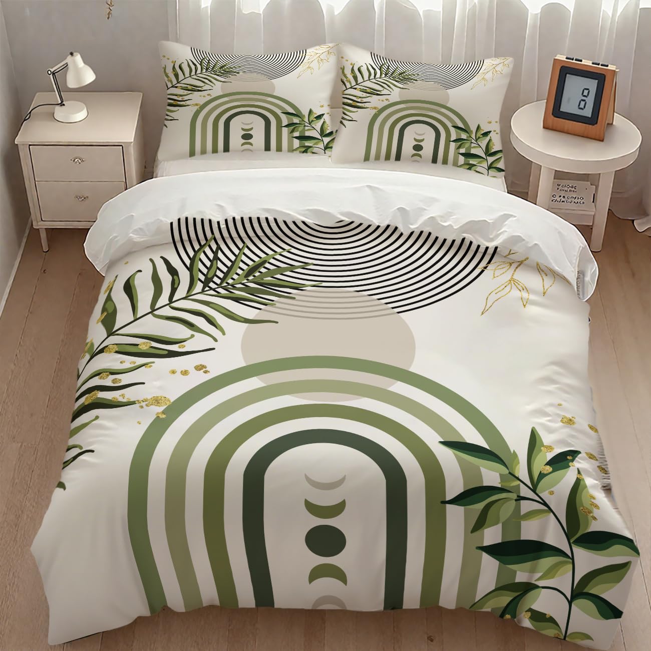 Boho Green Leaf Bedding Set,Abstract Bohemian Mid Century Aesthetic Comforter Set,Modern Simple Minimalist Geometric Plant Botanical Palm Leaf Bed Sets,Queen 90"x90"
