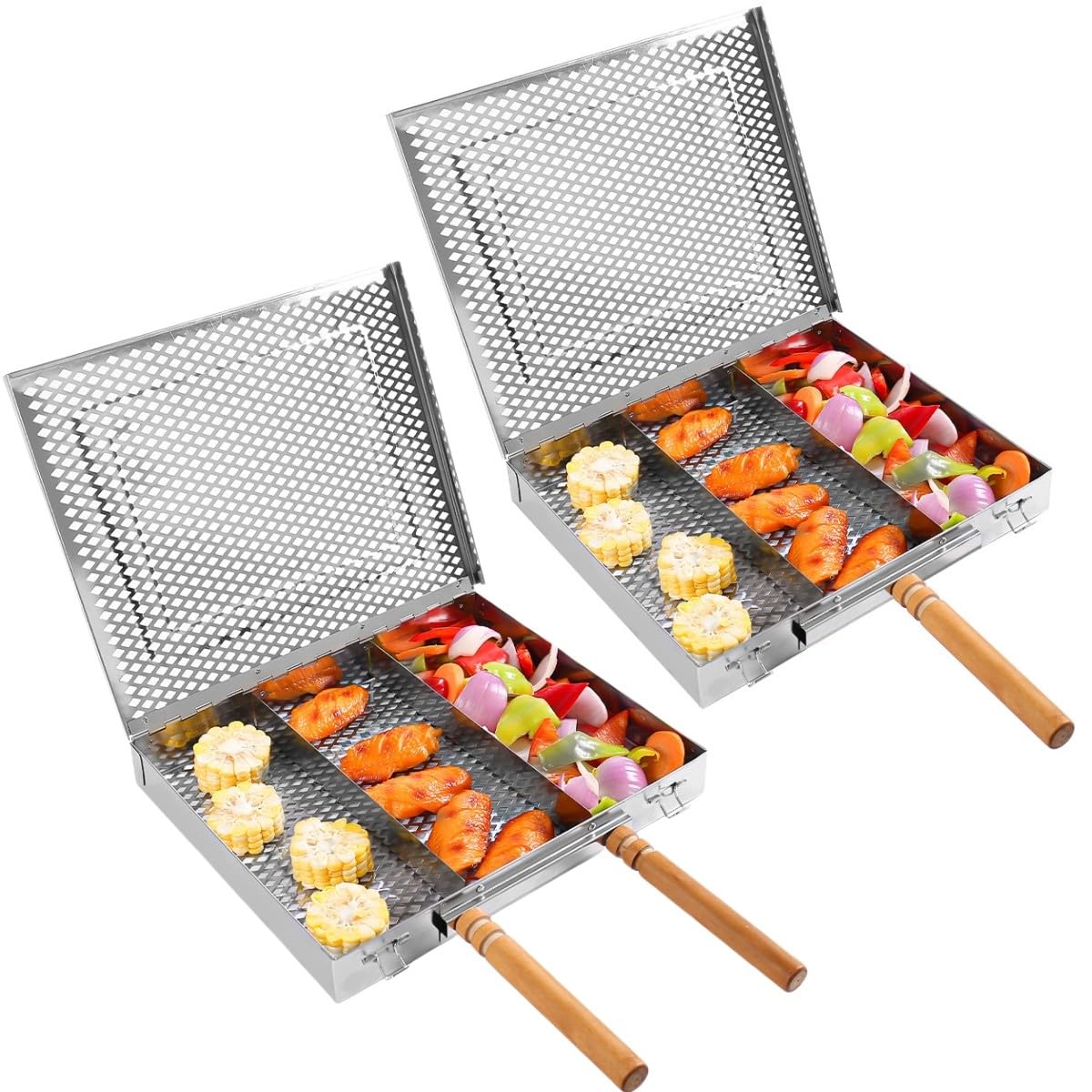 Griglia in acciaio inox con manico rimovibile in legno resistente al calore per pollo, pesce, verdure, 30,5 x 25,5 x 4 cm