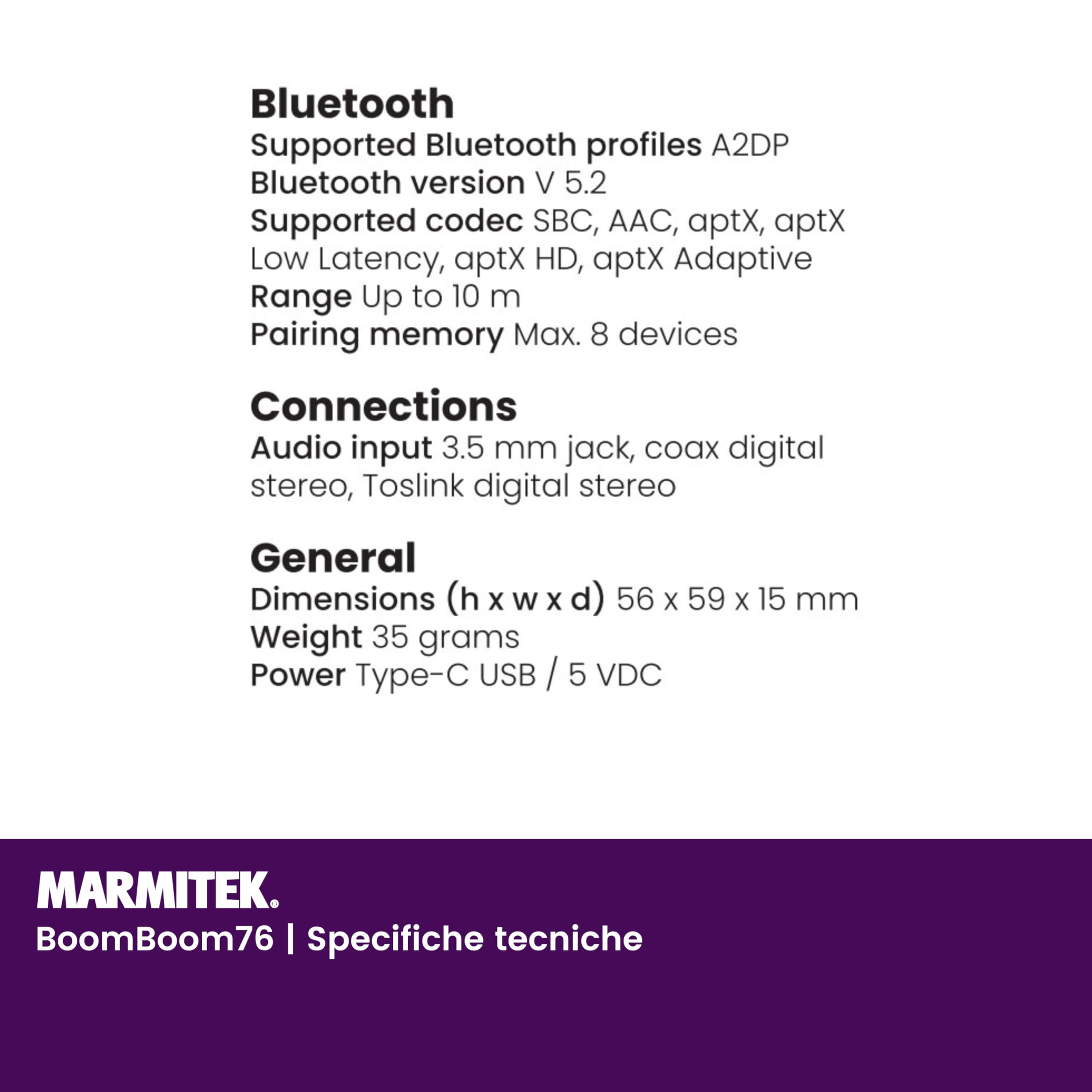 Ricevitore Bluetooth - Marmitek BoomBoom 76 - Stereo Auto - Batteria Portatile - NFC aptX - Vivavoce - Suono di Qualità - Connessione Veloce
