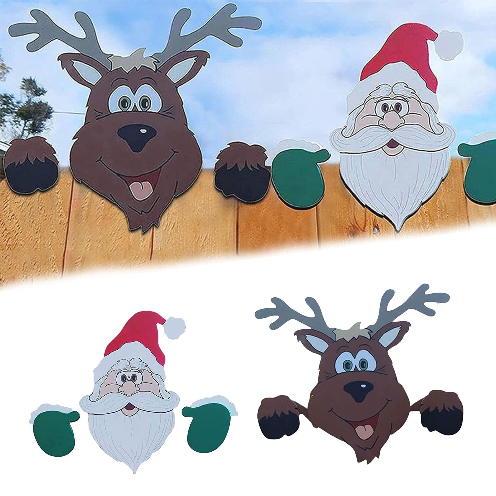 MoreJieka Decoraciones navideñas al aire libre, divertido reno y Navidad Santa Peeker Yard Sign para decoración de valla de jardín, decoración de fiesta para patio, patio interior