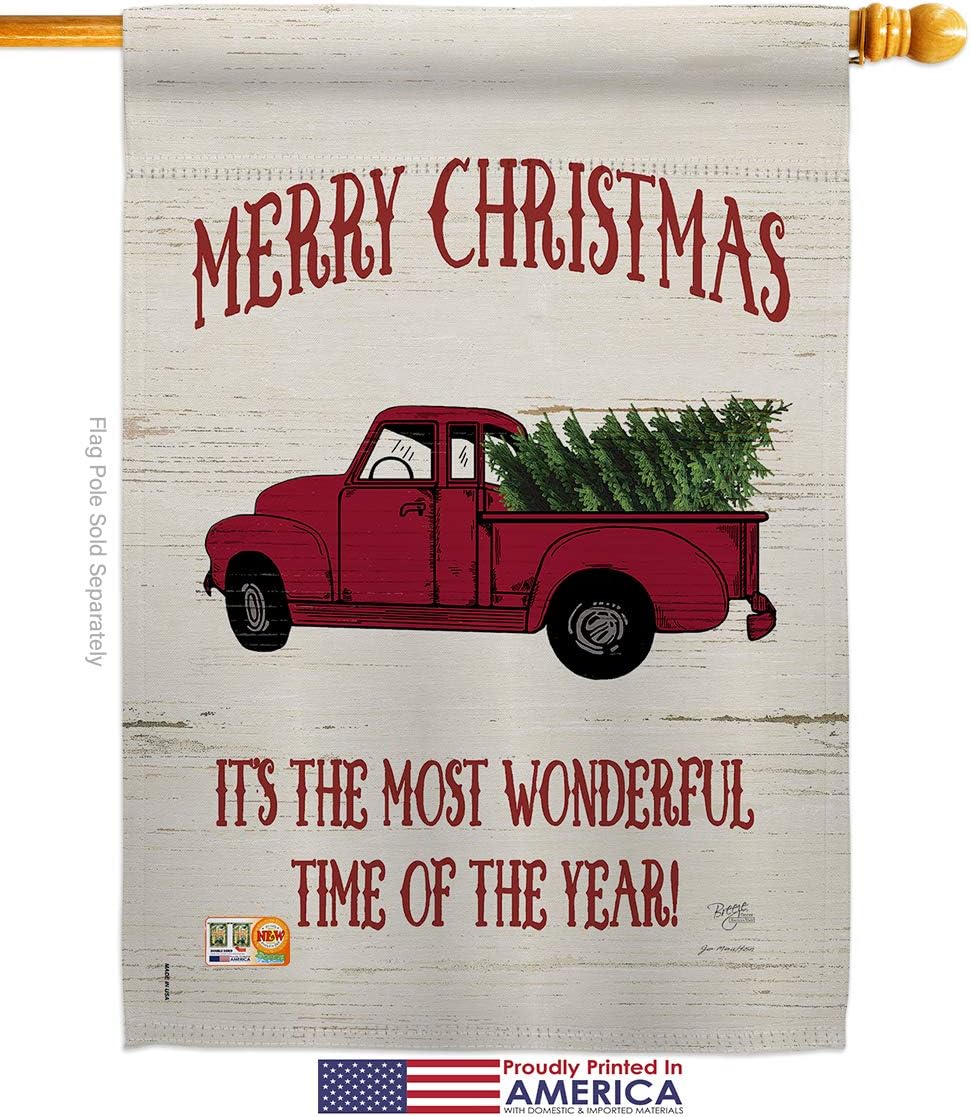 Merry Christmas Vintage Truck Garden House Flags Set Wintertime Santa Marry Xmas Present Reindeer Season Snow Small Decorative Gift Yard Banner Made In USA 28 X 40